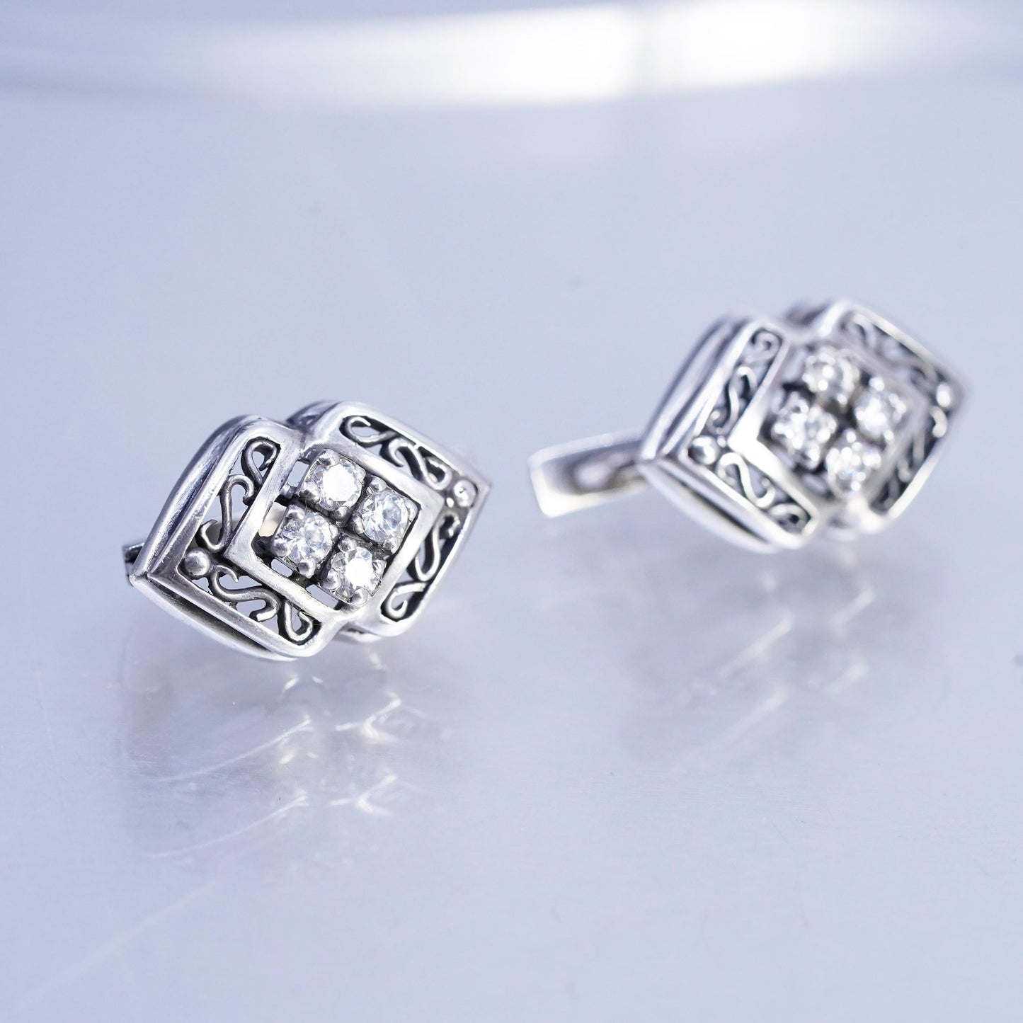 Vintage European Sterling 925 silver filigree earrings, studs with cz