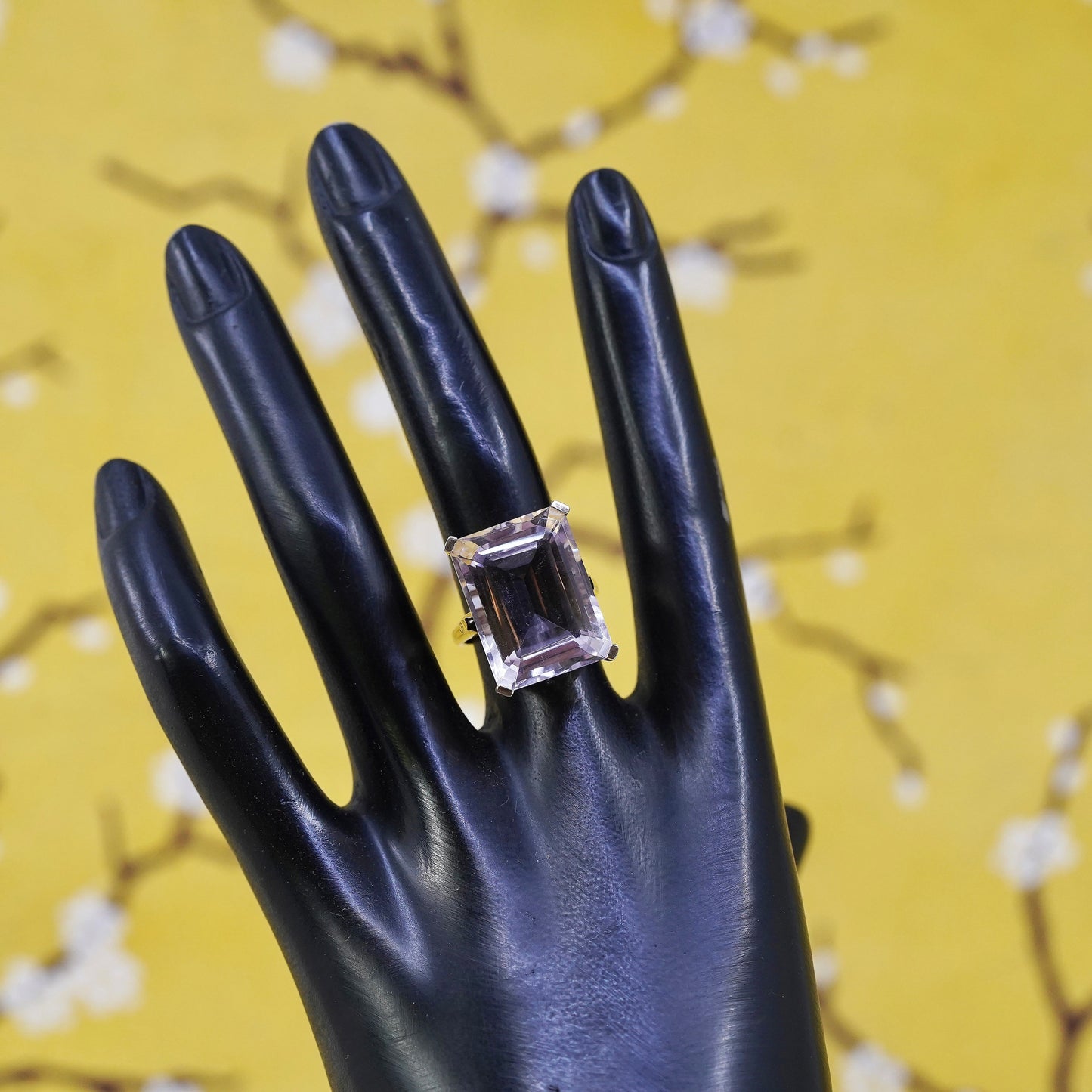 Size 6, Sterling silver cocktail ring, rose gold over 925 with amethyst crystal