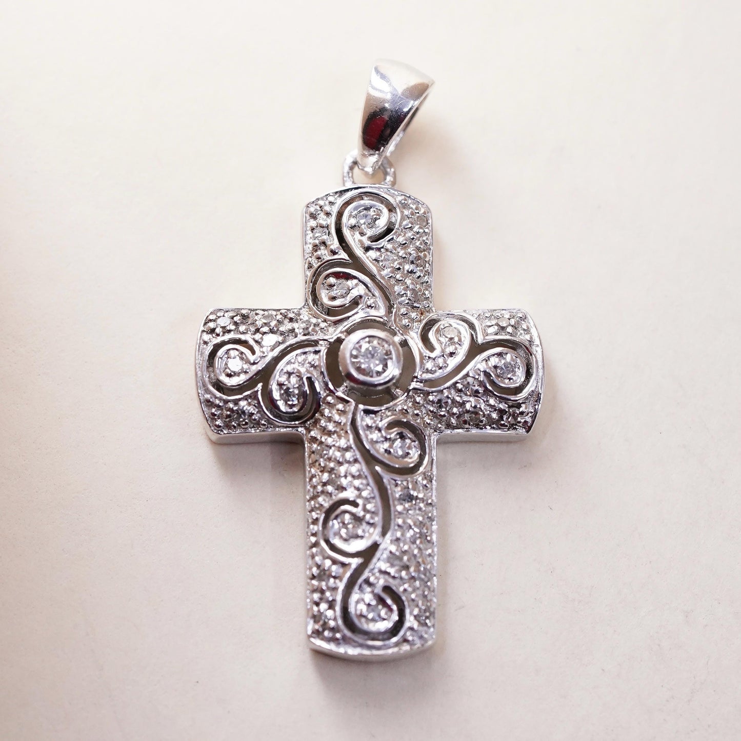 VTG modern sterling 925 silver filigree pendant, cross cluster genuine diamond