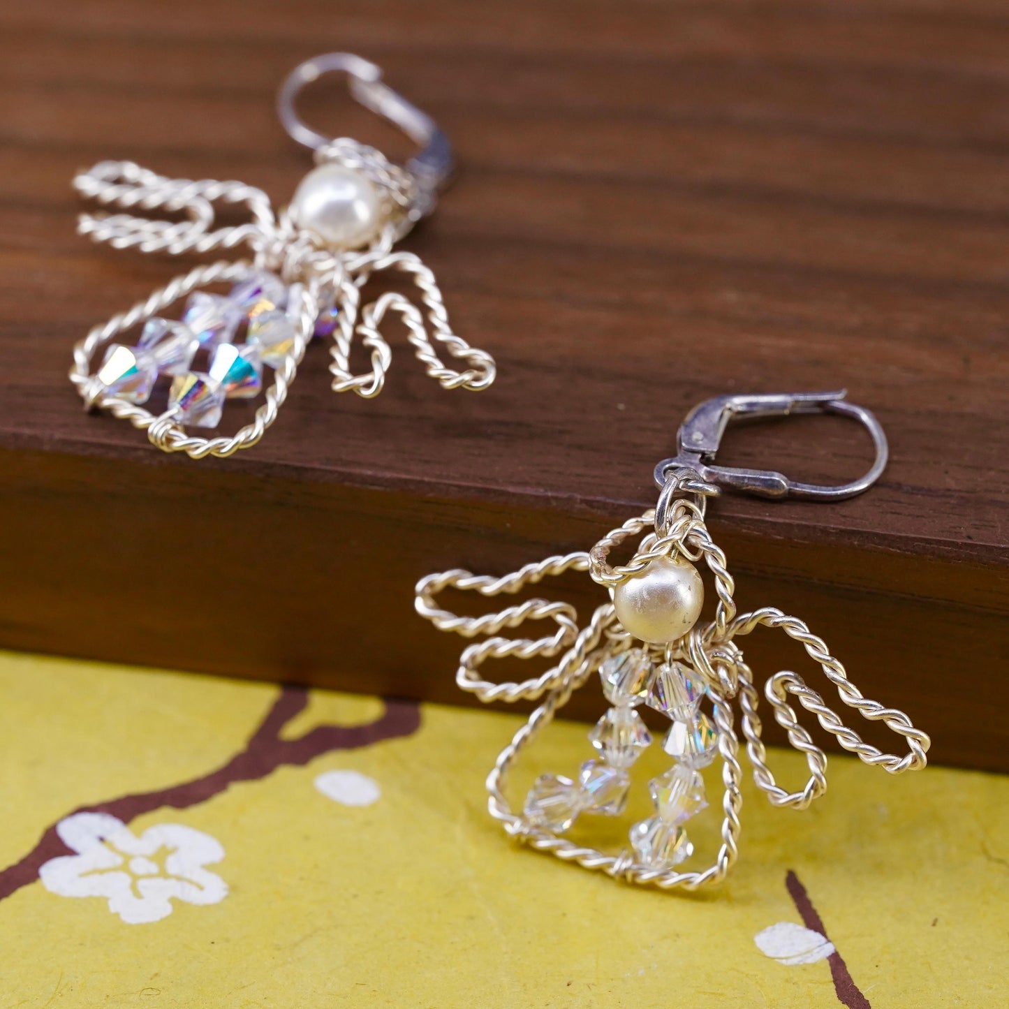 Vintage Sterling 925 silver handmade wired cable Angel earrings pearl crystal