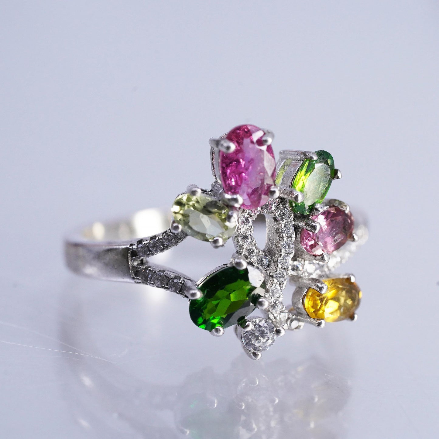 size 9.75, 925 Sterling Silver Ring, Garnet Peridot Citrine CZ Cocktail Ring