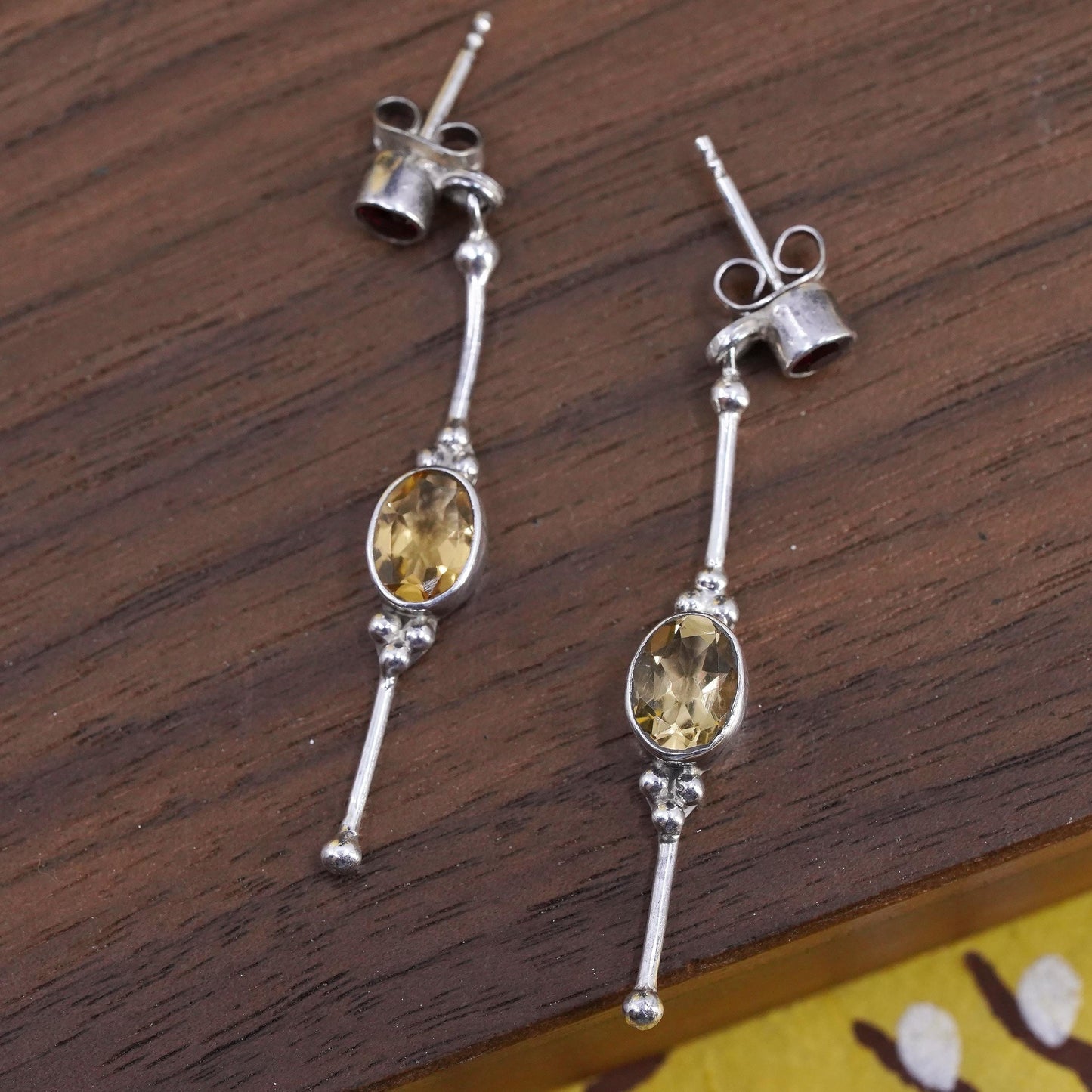 Vintage Sajen sterling 925 silver handmade long earrings with citrine
