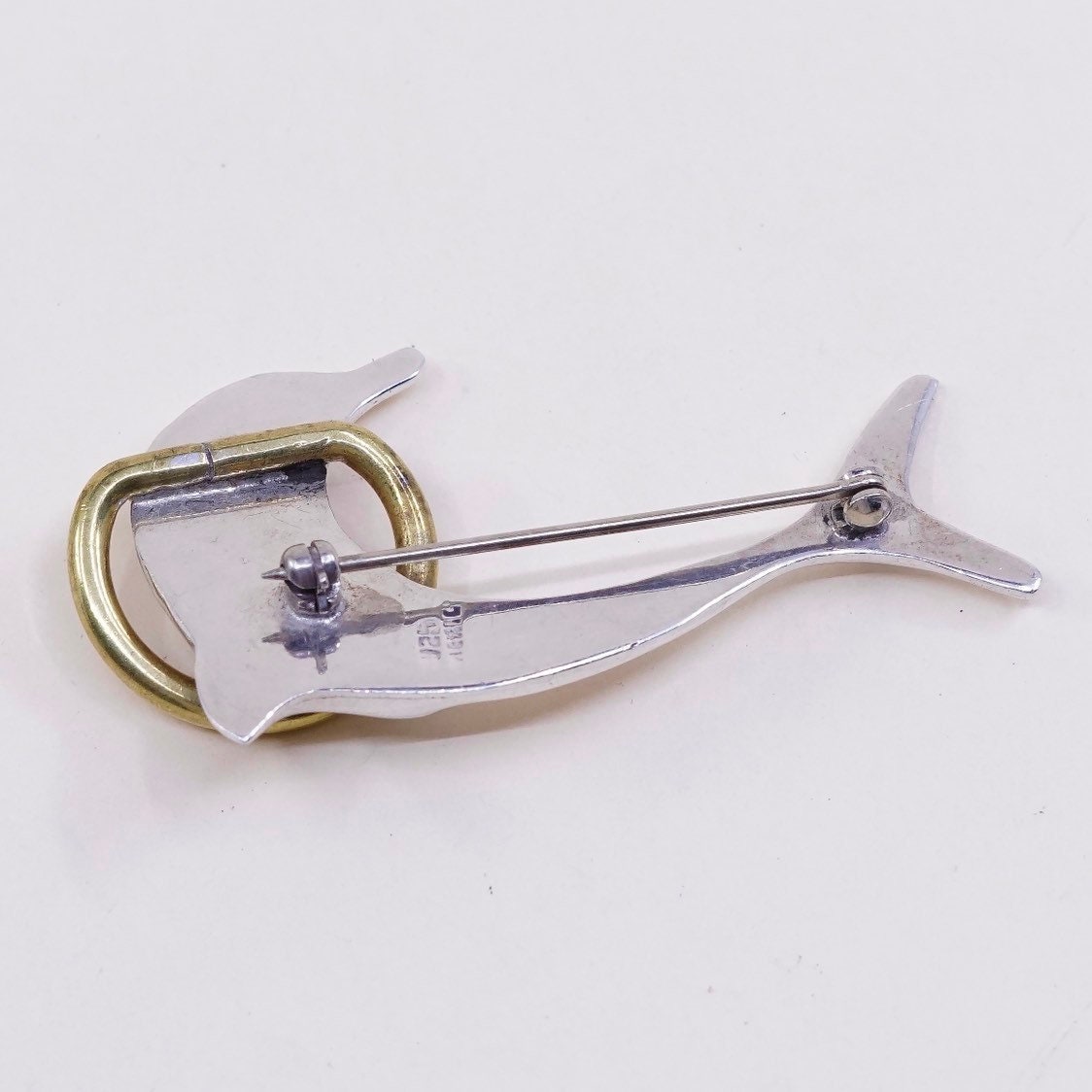 Vintage two Tone sterling silver handmade brooch, solid 925 silver dolphin w/ brass ring, stamped 925 mexico