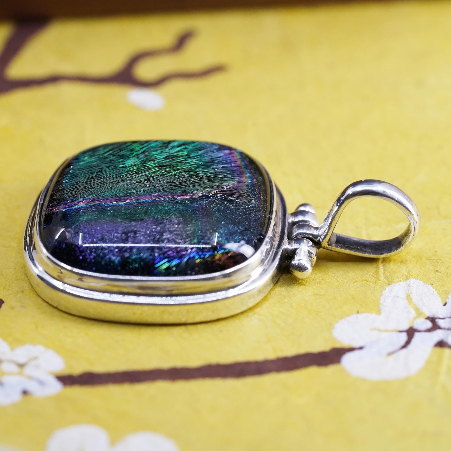 Vintage Sterling 925 silver handmade pendant with foil glass, unique