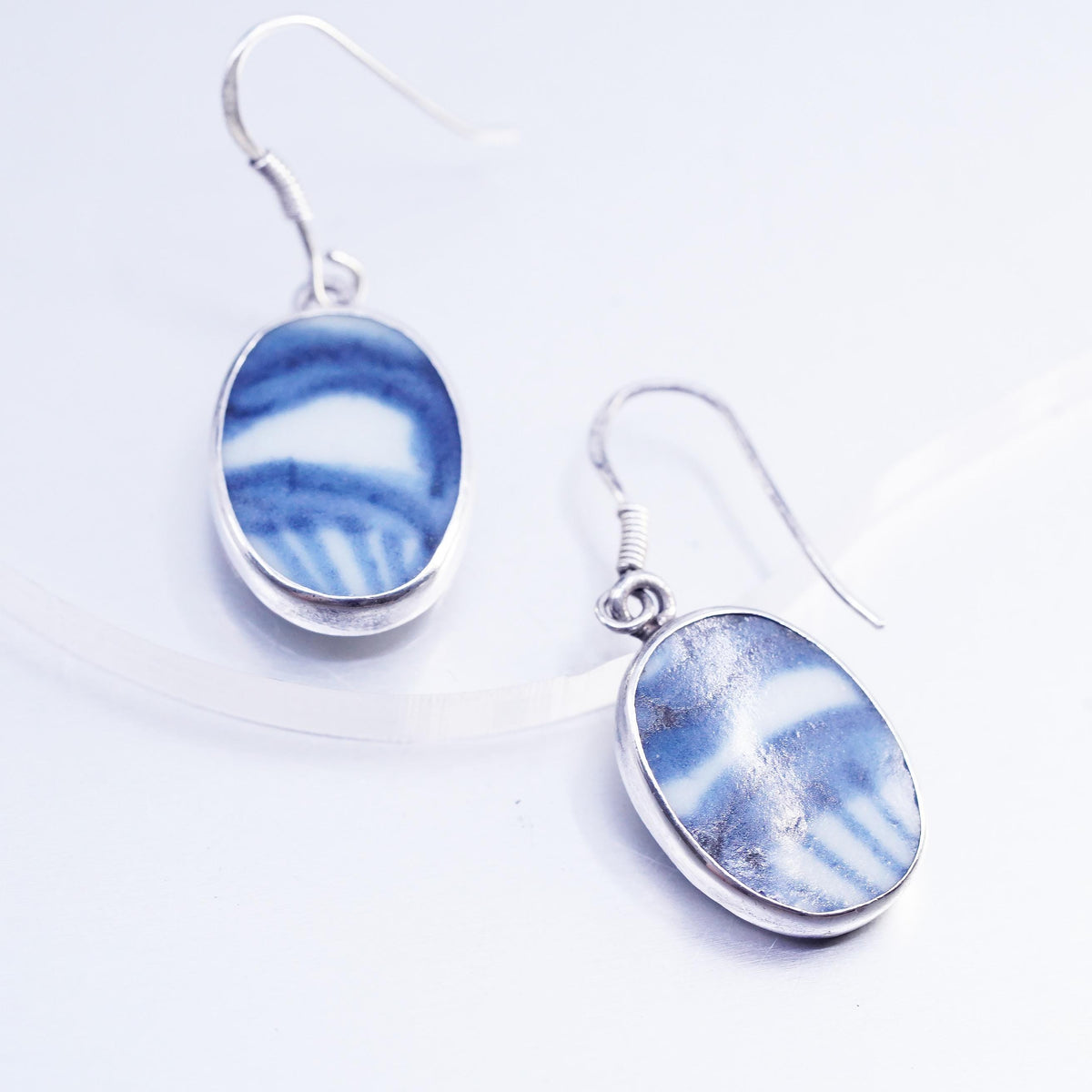 VTG Blue White Porcelain Shard Earrings, Sterling Silver 925, Ceramic Dangles