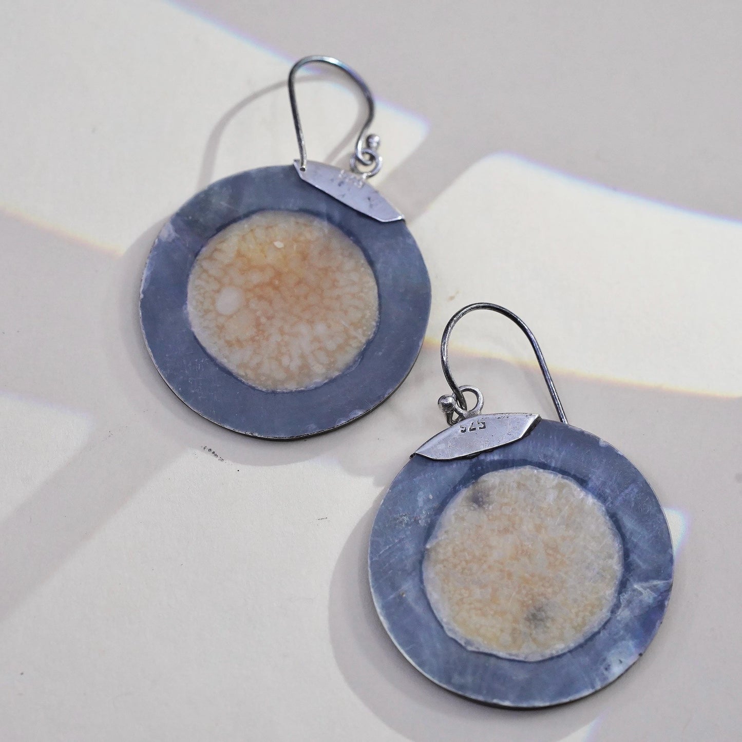 Vintage sterling silver handmade earrings, two tone mother of pearl round drops