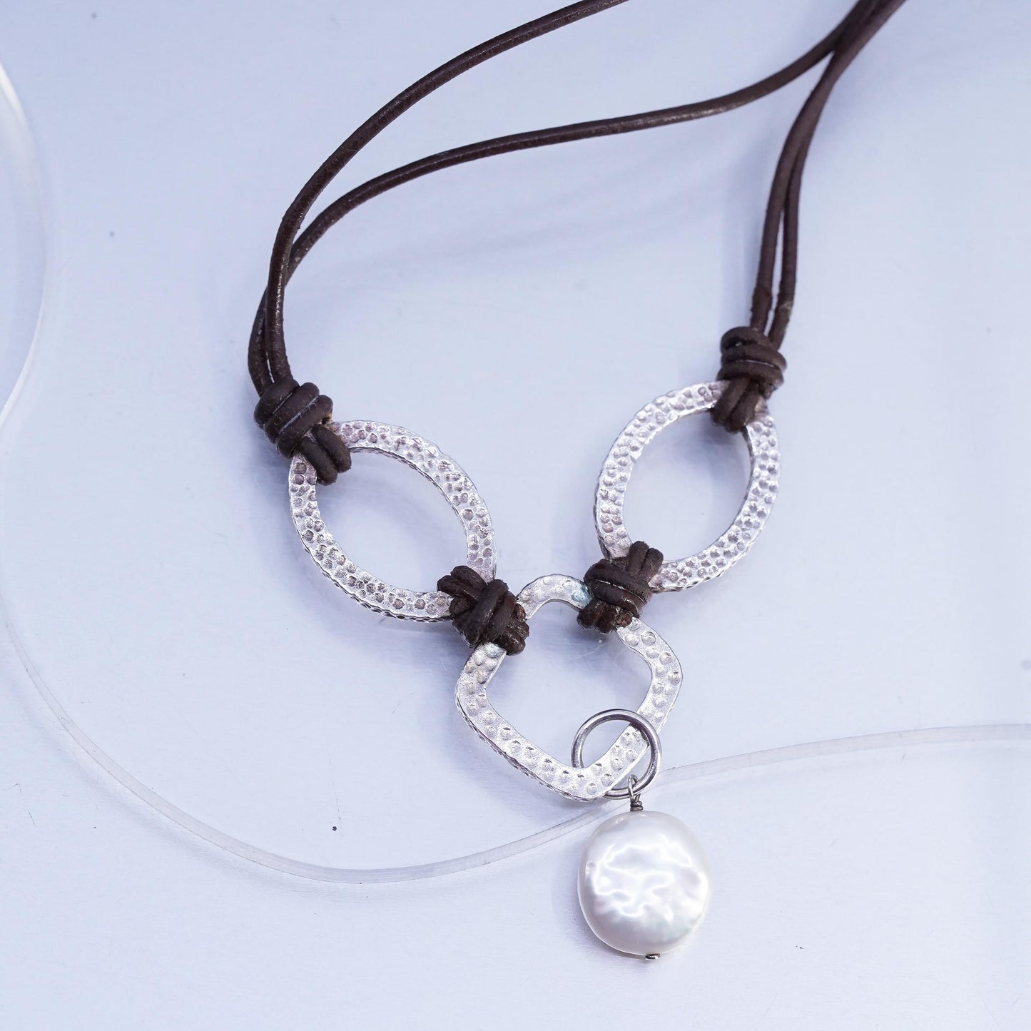 16+2”, Silpada .925 Sterling Silver Handmade Pearl brown Leather Necklace N1257