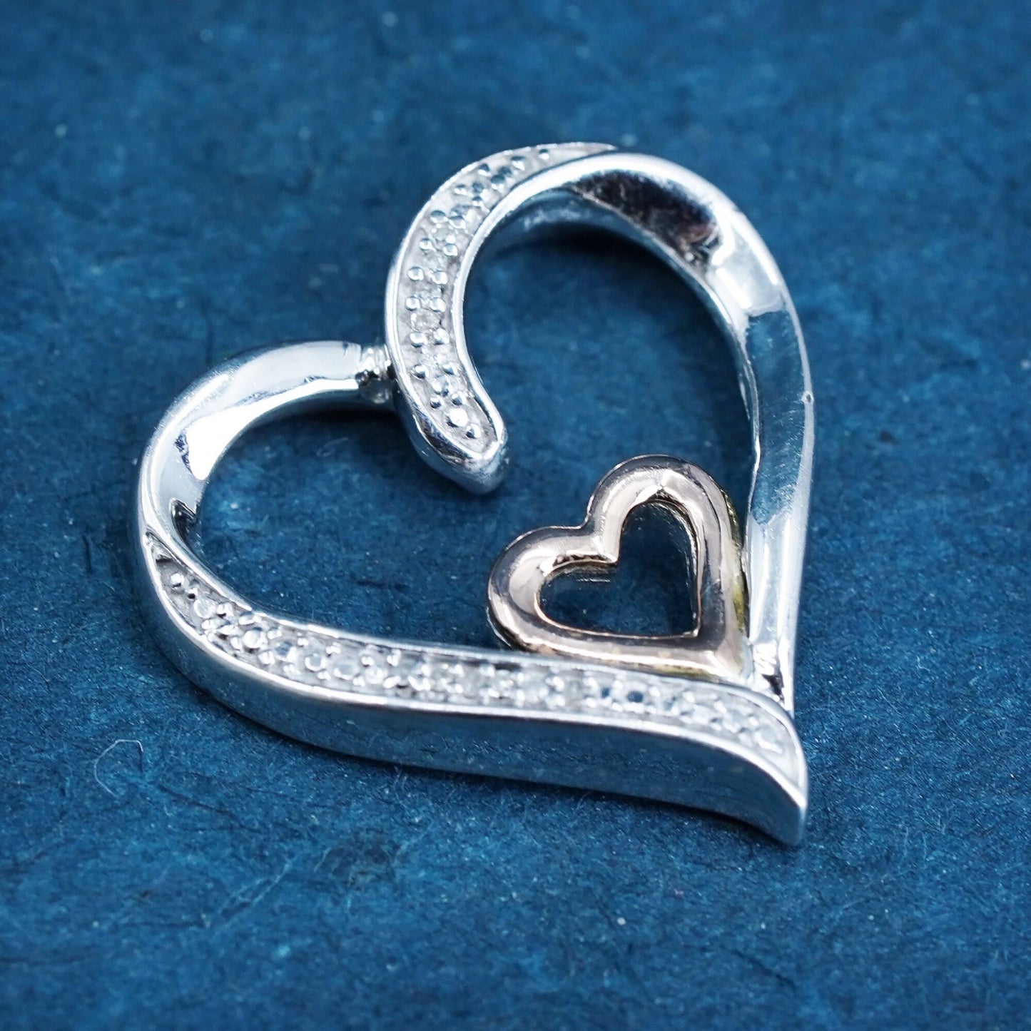 two tone Sterling 925 silver teardrop pendant 10K heart and genuine diamond