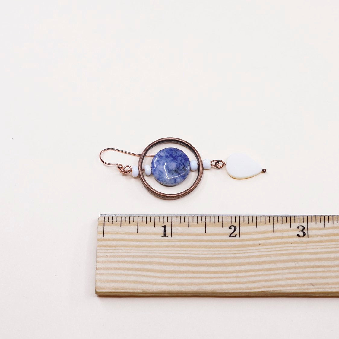 VTG handmade earrings, blue agate mother of pearl drops with copper circle