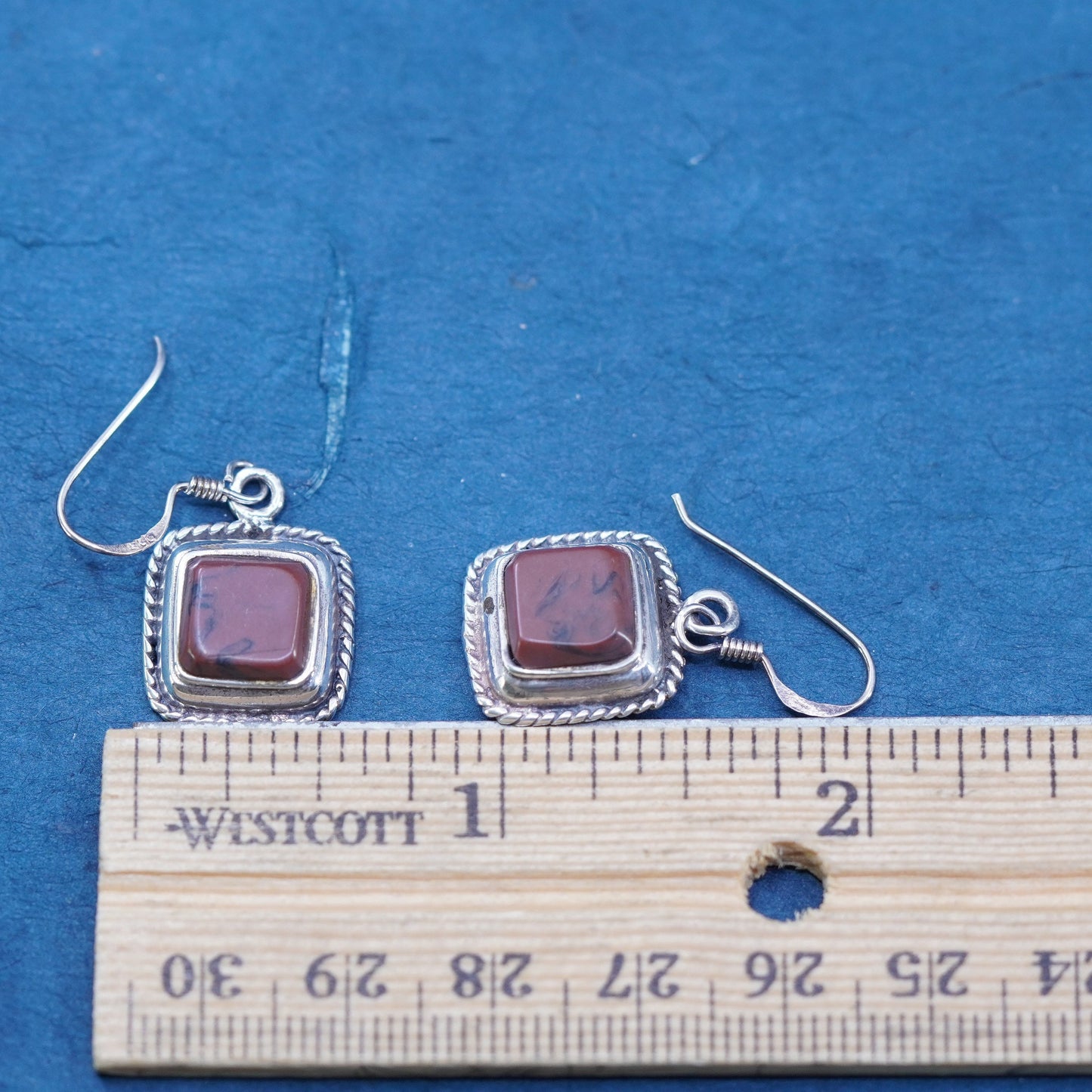Vintage Sterling silver handmade earrings, 925 square with red jasper and cable