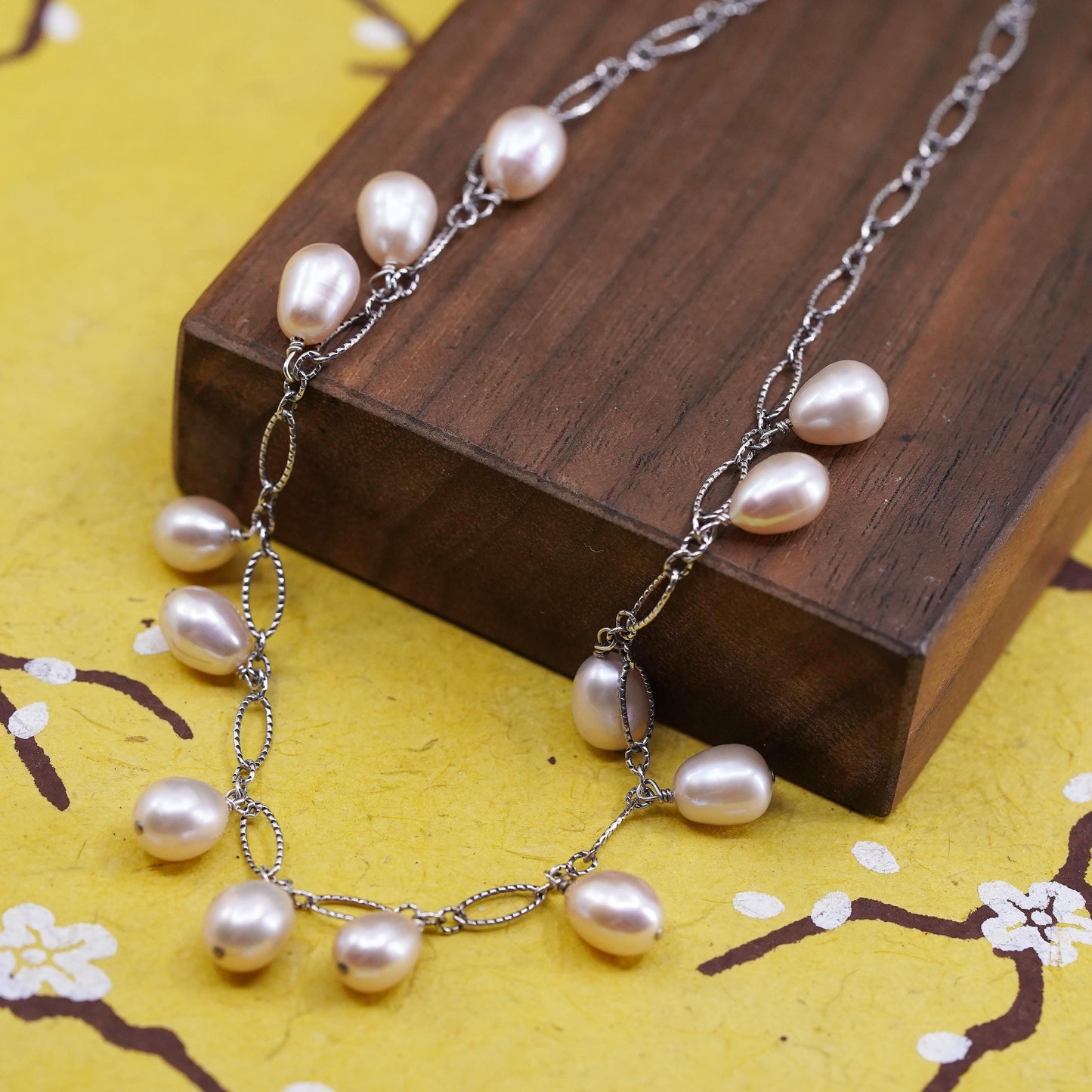 16+2", Sterling 925 silver handmade oval chain necklace with cluster pearls