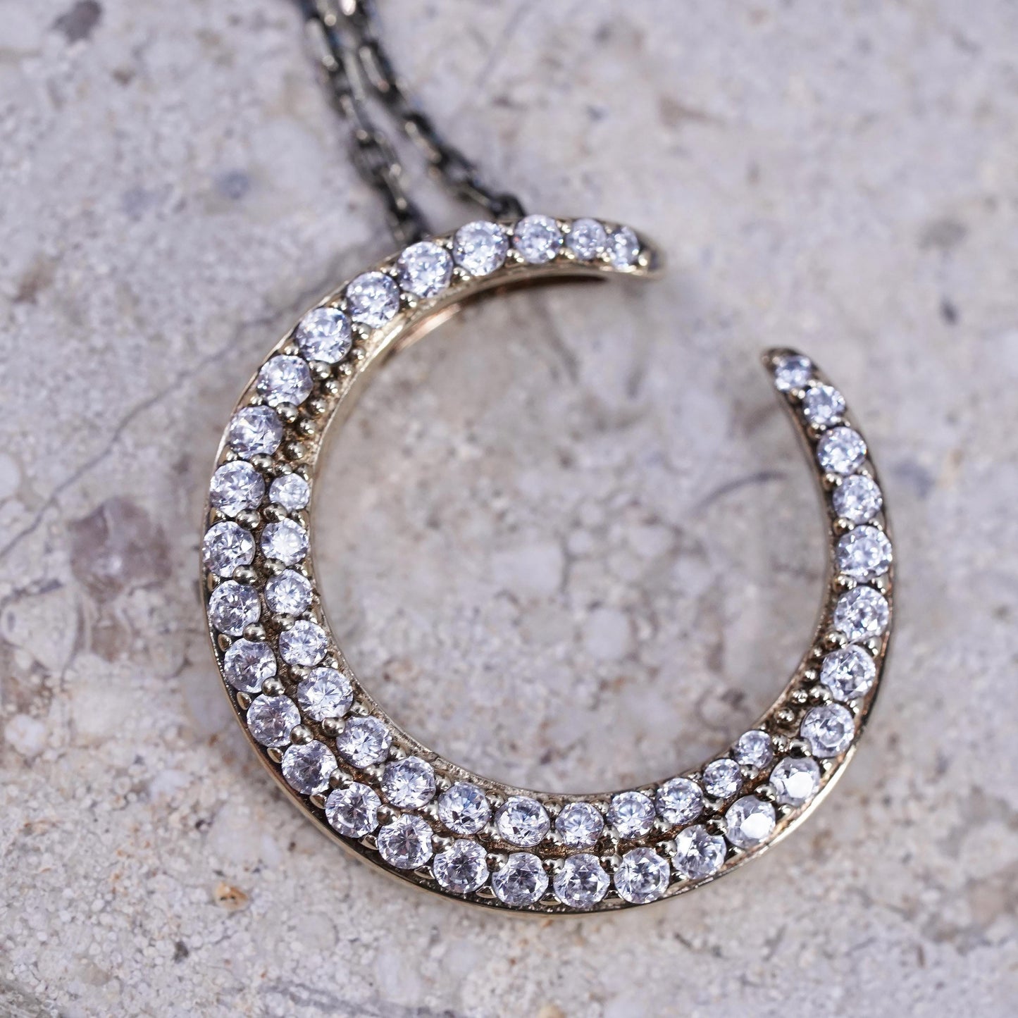 18+2", yellow gold plated Sterling 925 silver necklace cluster cz moon pendant