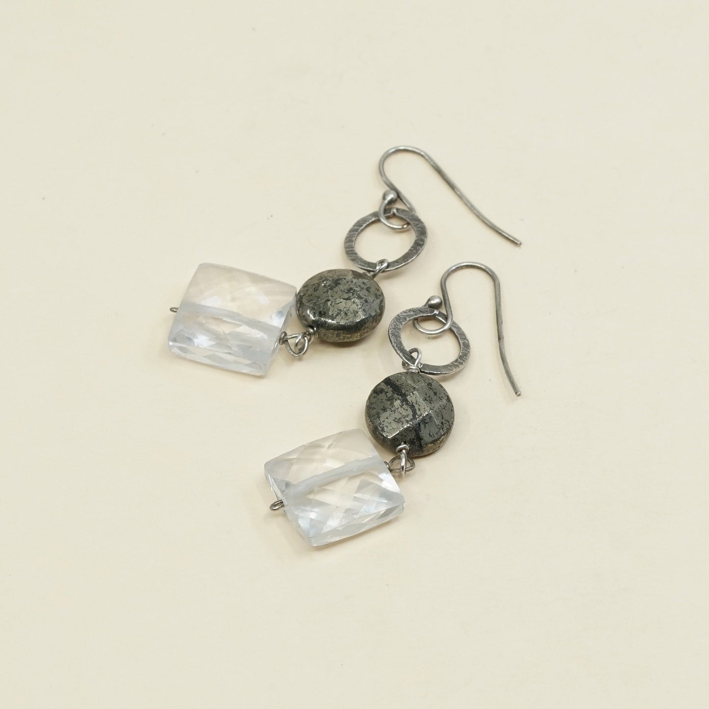 vtg sterling silver handmade earrings, 925 with cushion cut clear crystal