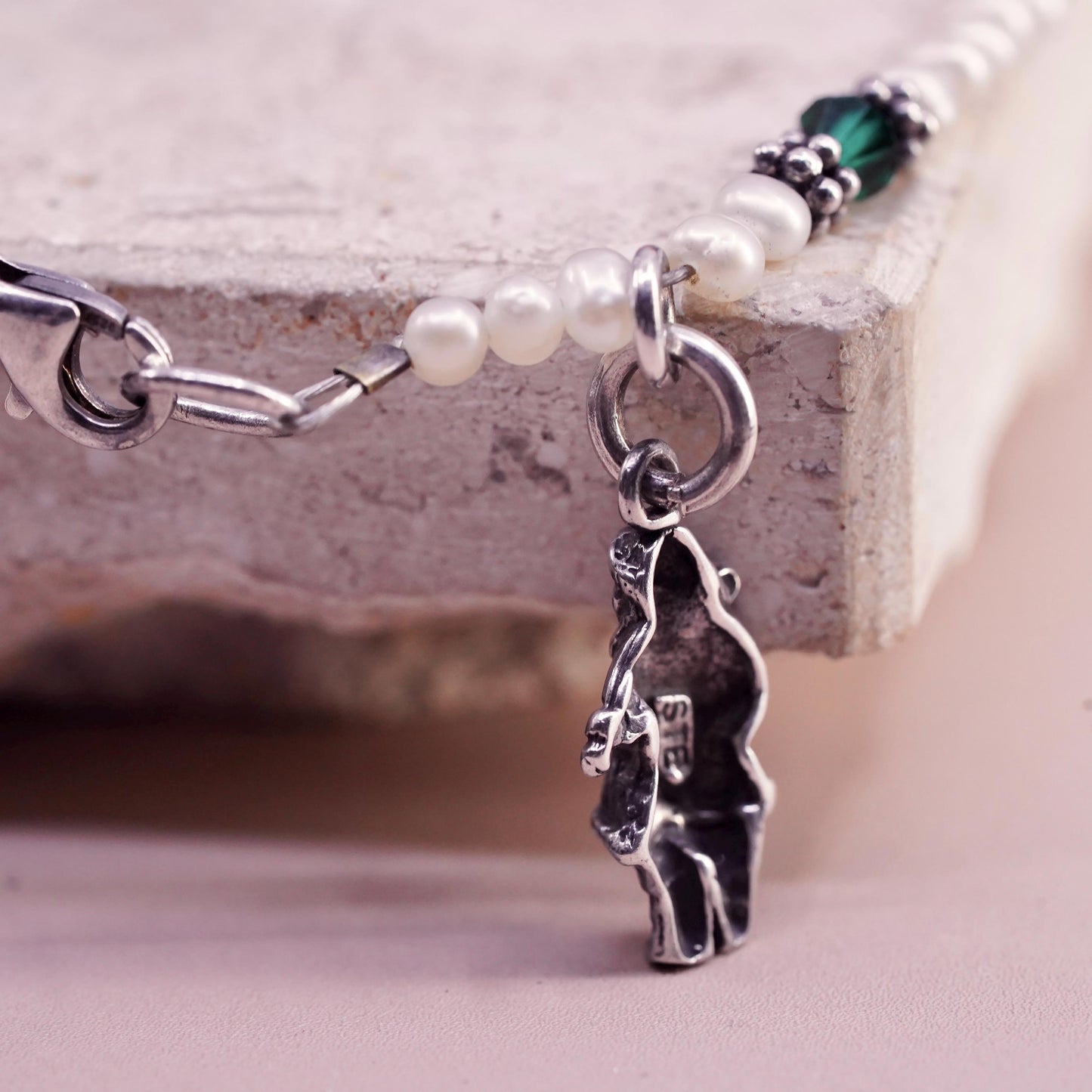 6.25”, vintage Sterling 925 silver bracelet with pearl beads and Santa charm