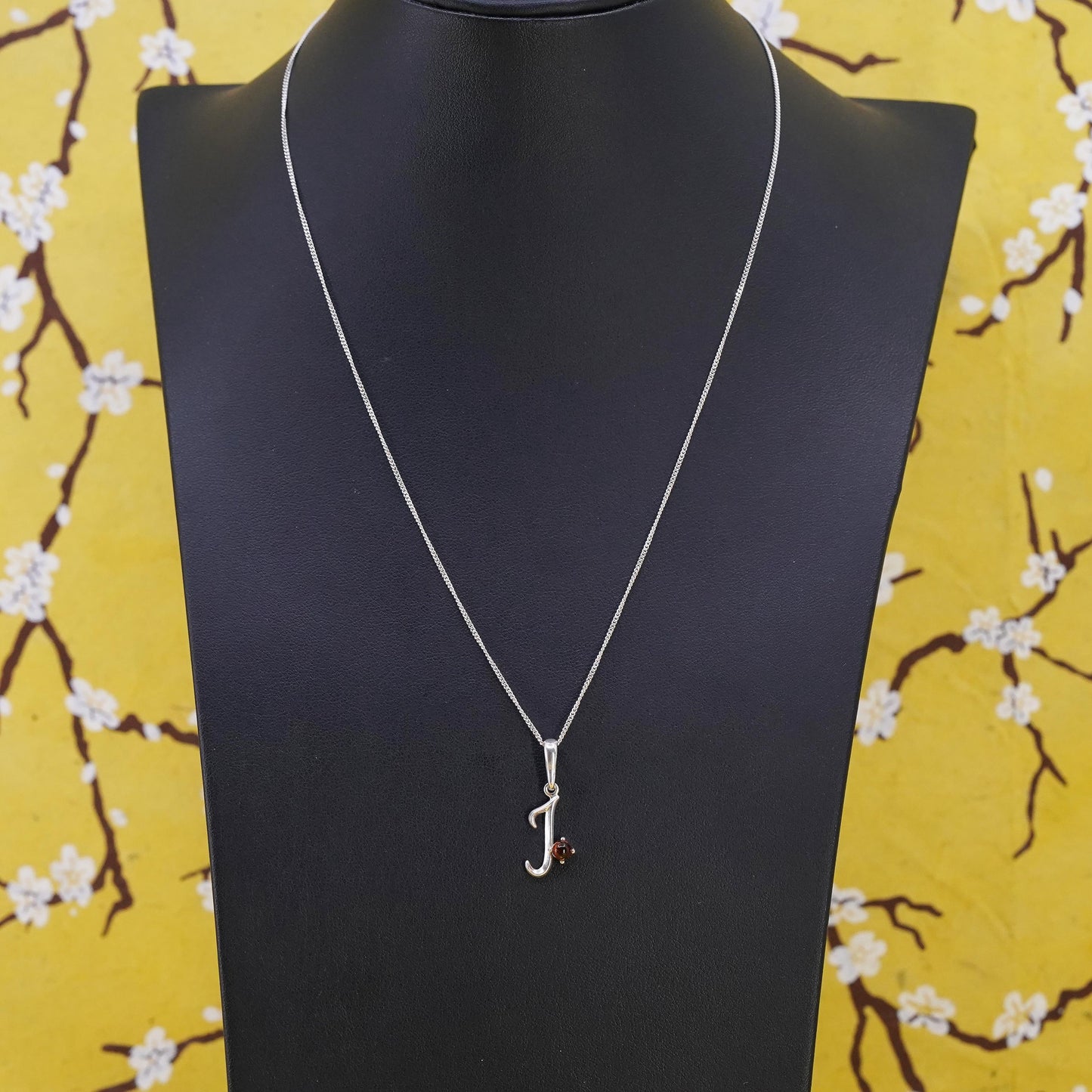 18” Vintage Sterling 925 silver curb necklace with letter J pendant amber bead