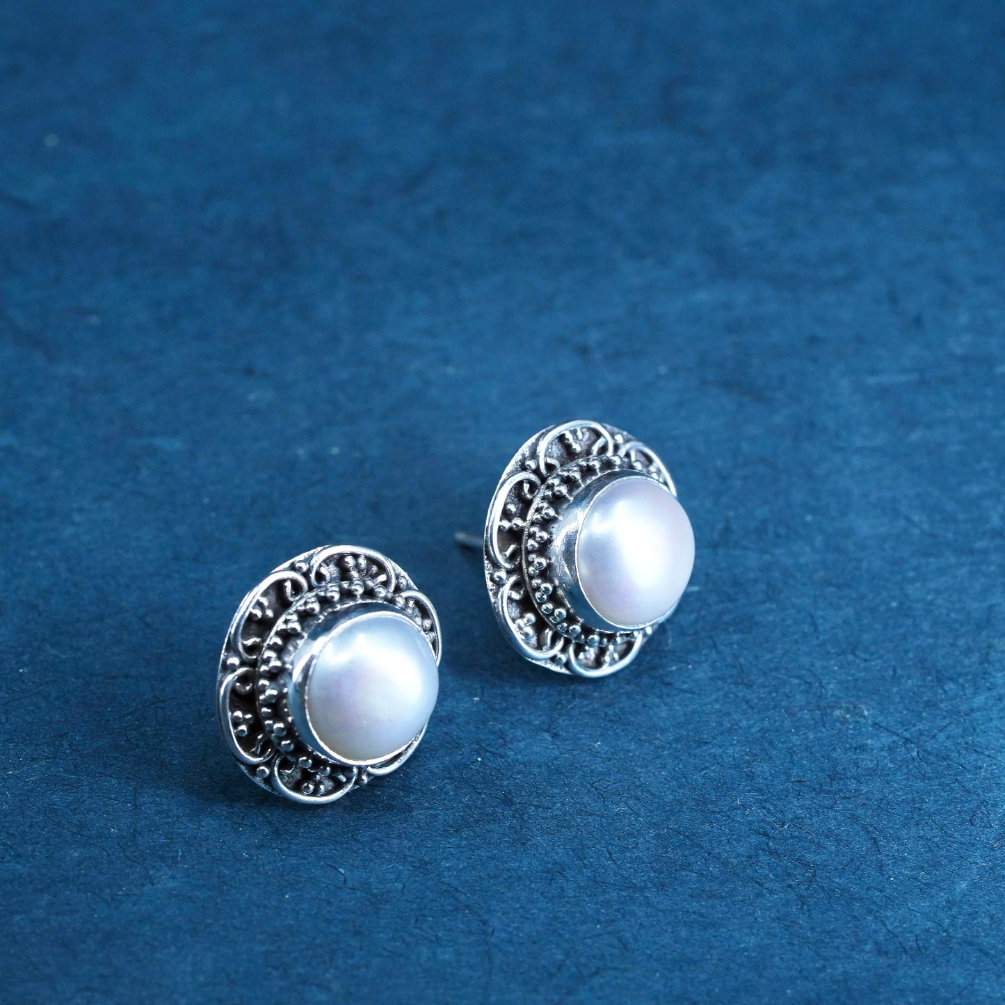 Sterling 925 silver Bali earrings with freshwater pearl studs, handmade jewelry