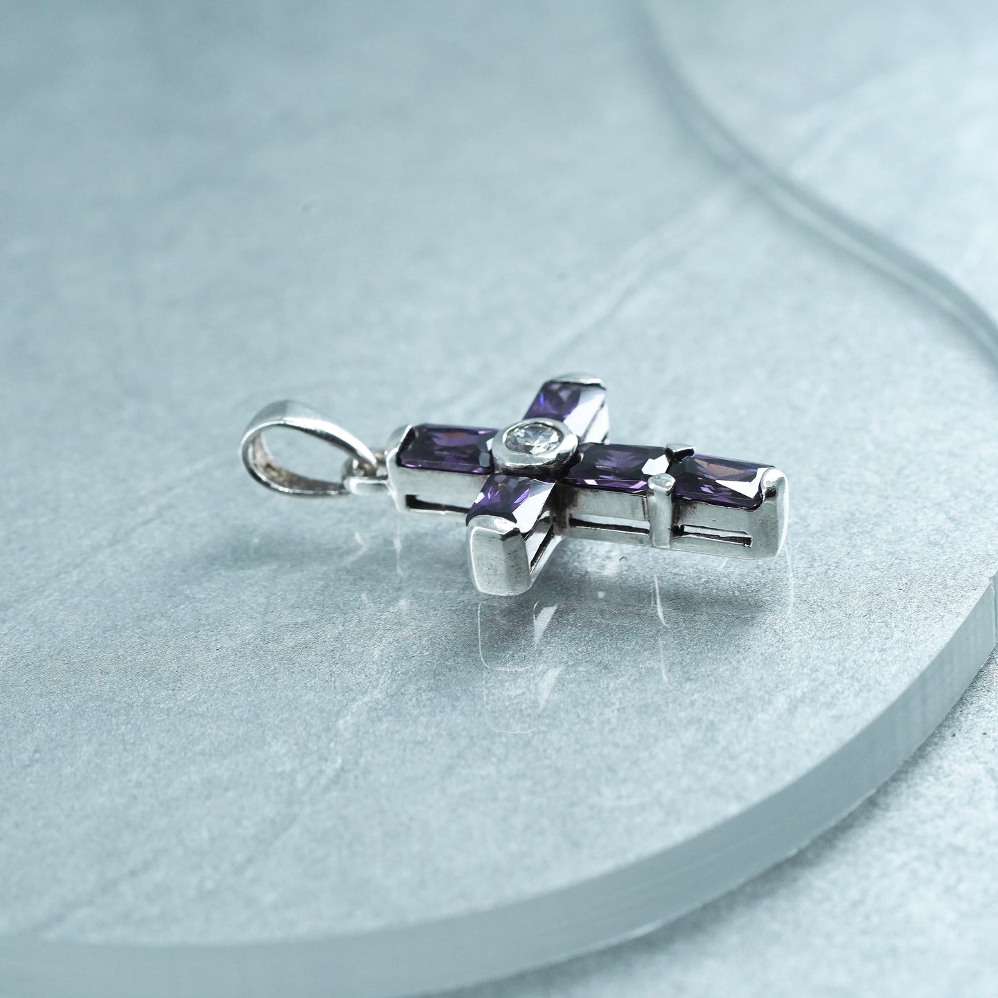 vintage sterling 925 silver handmade cross pendant with amethyst