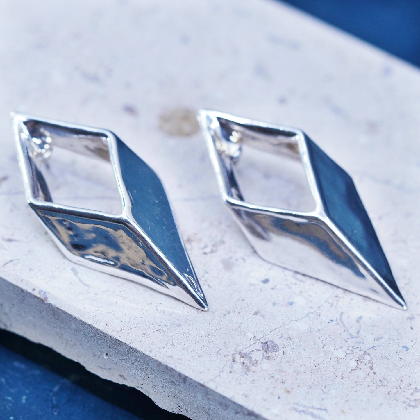 Vintage modernist sterling silver handmade earrings, 925 diamond shaped studs
