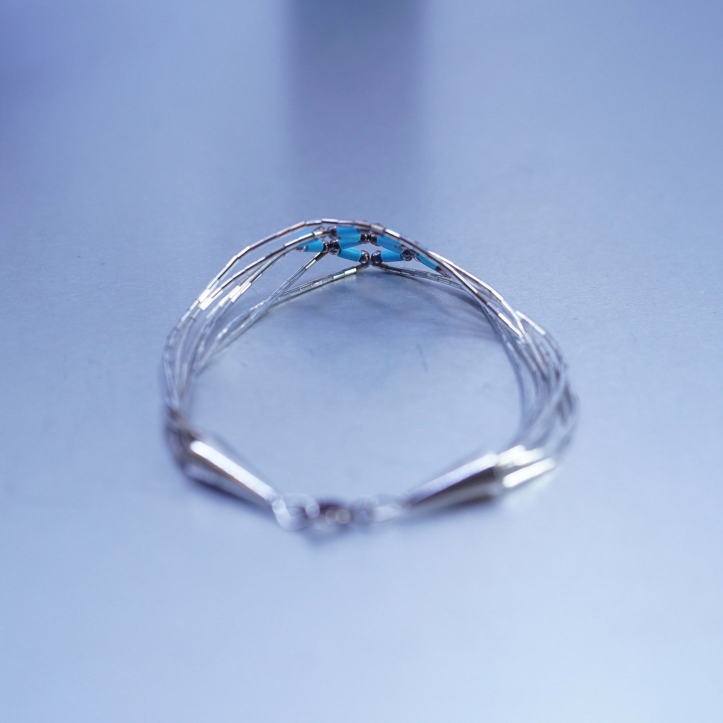7.25”, Sterling 925 silver handmade bracelet, woven liquid chain with turquoise