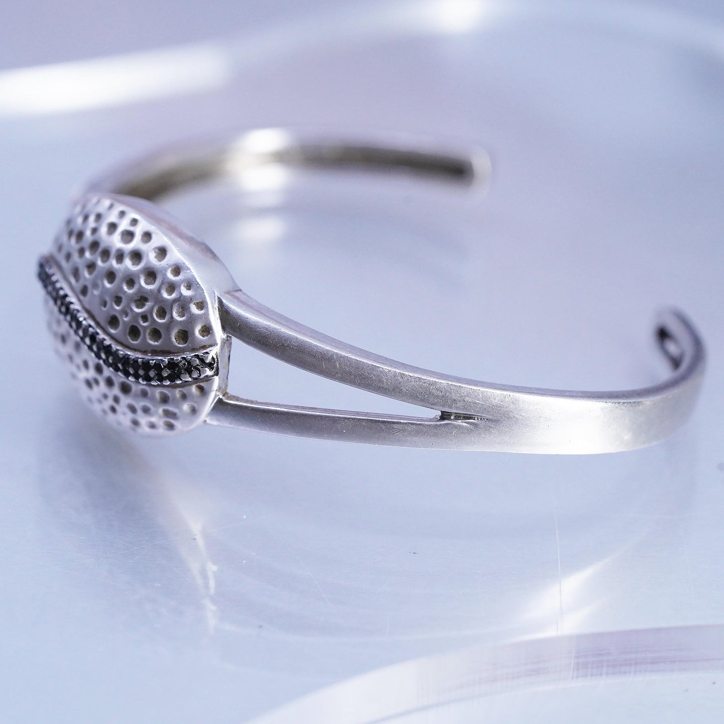 6.75" Vintage 925 Sterling Silver Black Diamonds Cuff Hammered Oval Open Bangle