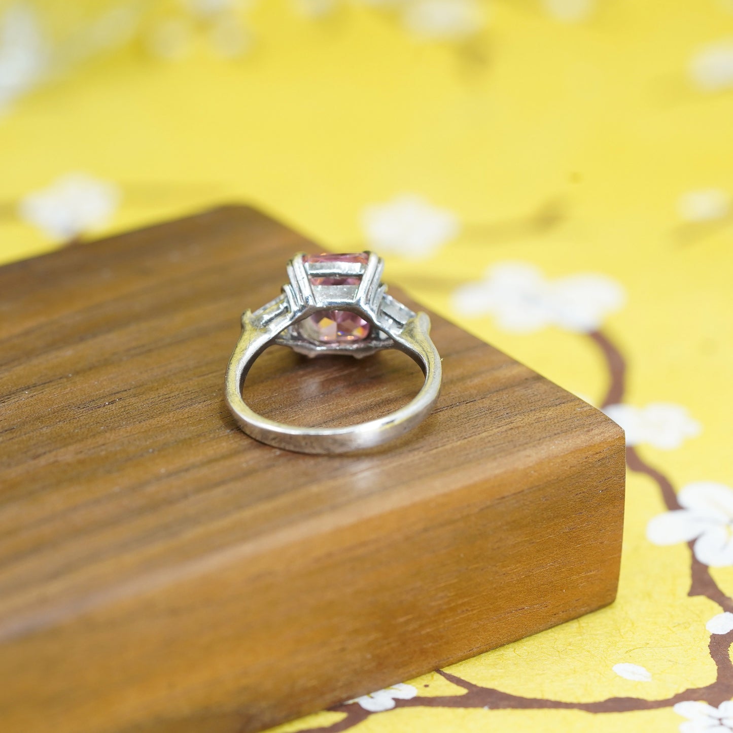 Size 8.25, vintage Sterling 925 silver ring with pink and clear cz