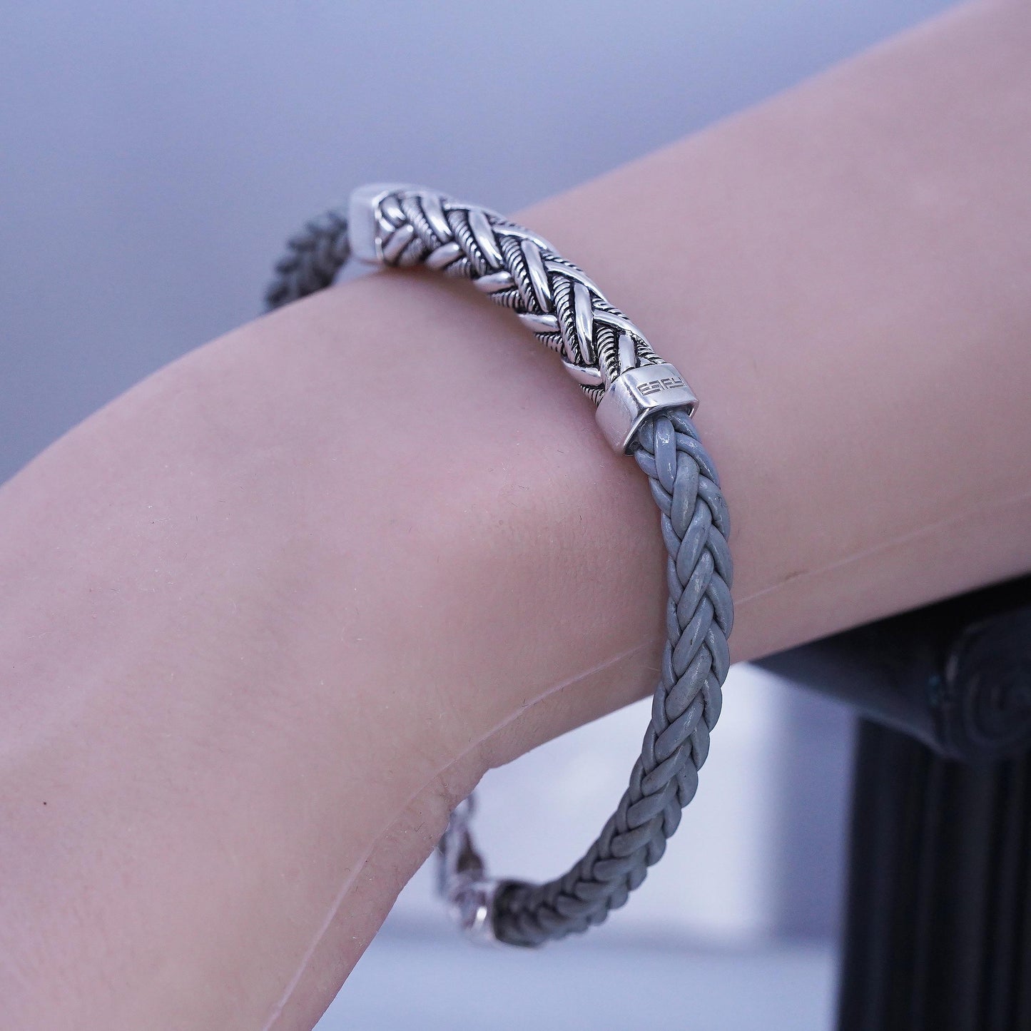 7.5", EFFY Men's Woven Gray Leather Bracelet with Sterling Silver 925 Cable bar