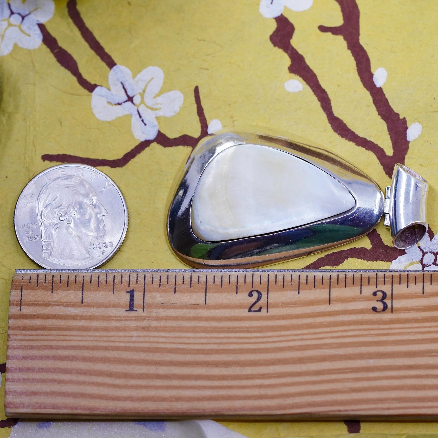 Vintage JH Sterling 950 silver handmade pendant with mother of pearl inlay