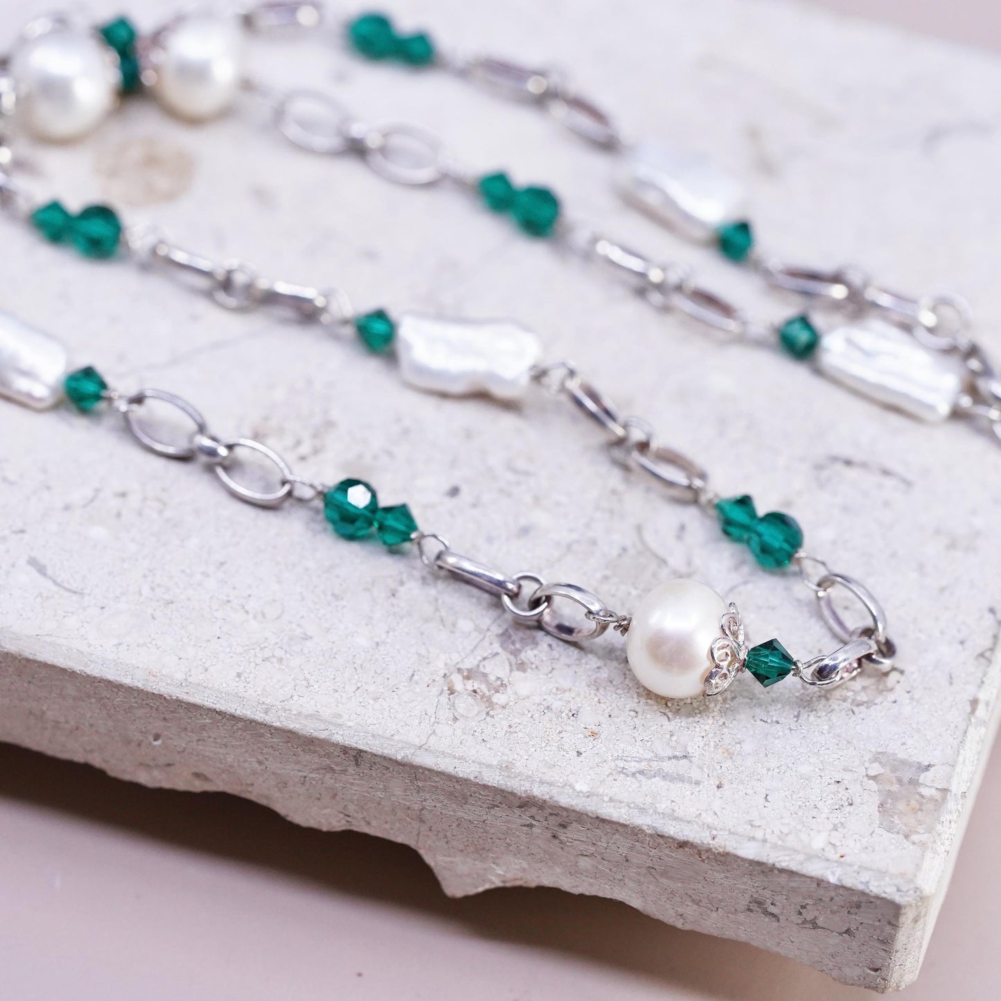 20" Sterling 925 silver necklace with freshwater pearl green crystal beads