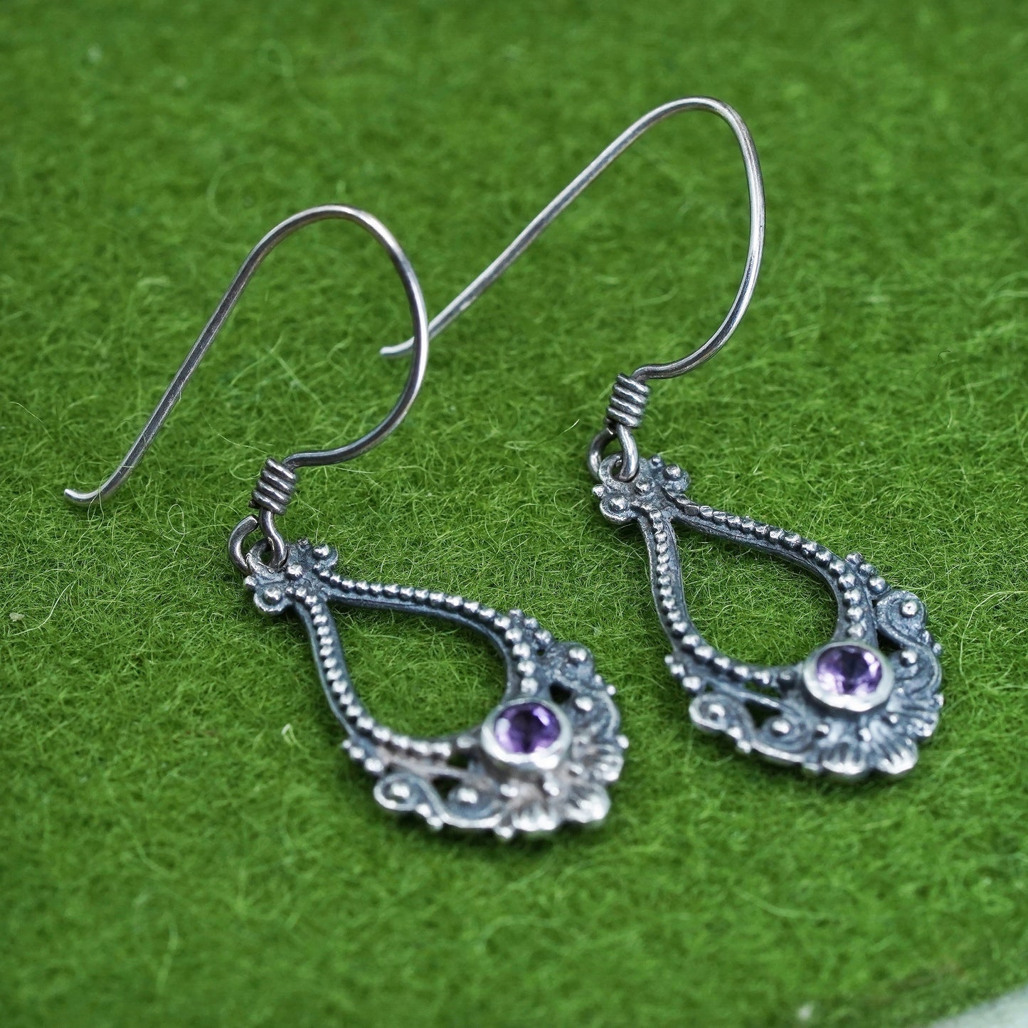 vintage sterling silver handmade earrings, 925 silver beads with amethyst