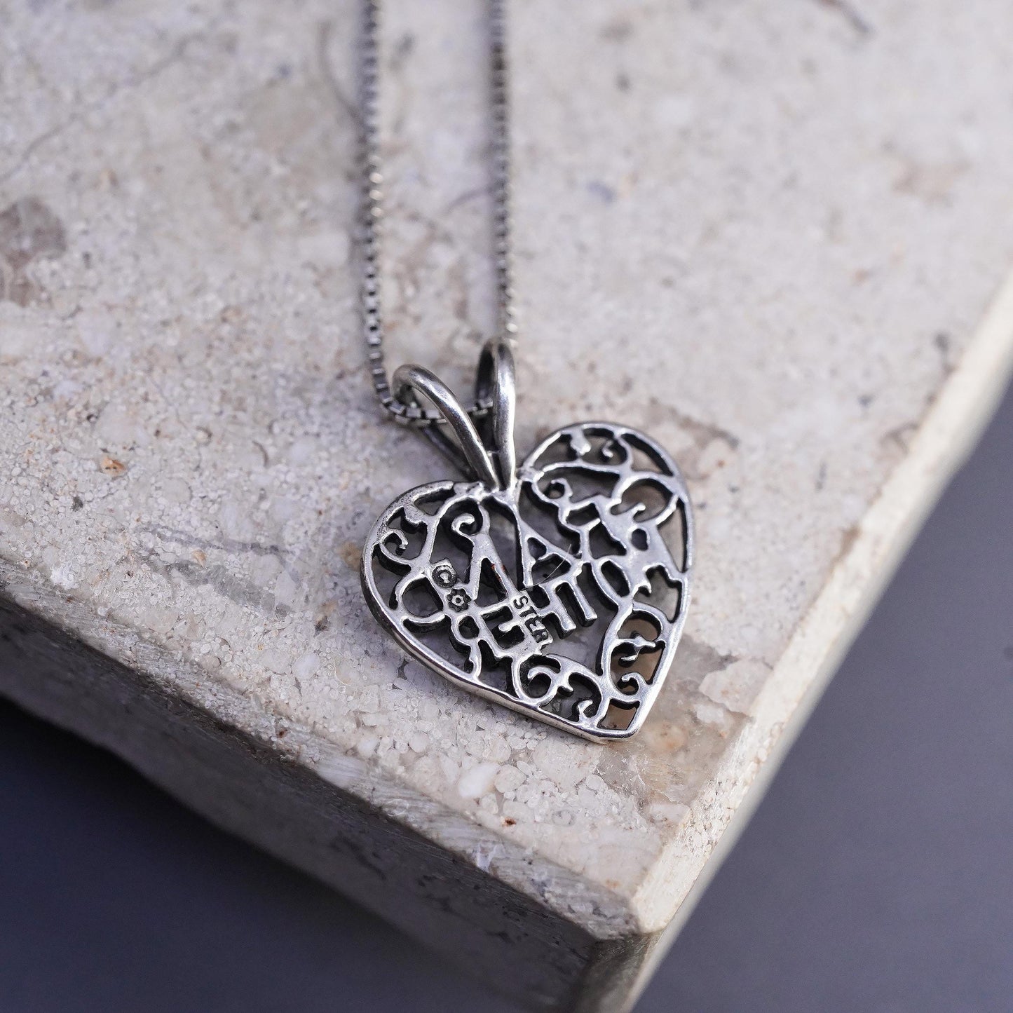 16", Vintage sterling 925 silver box chain necklace grandmother heart pendant