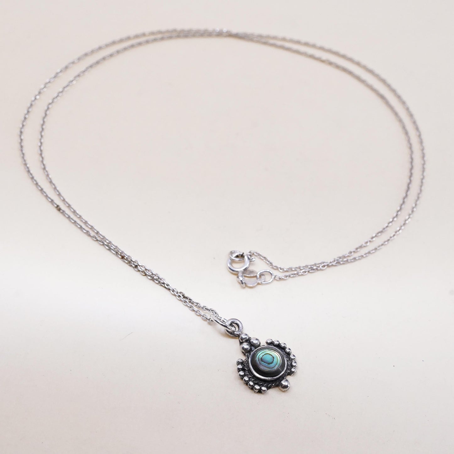 18” sterling 925 silver handmade circle chain with abalone inlay beaded pendant