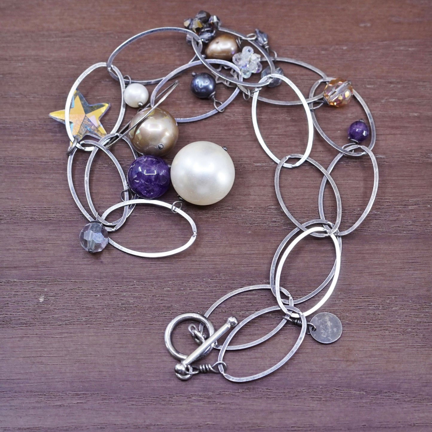 18”, amy smania jewelry | sterling silver necklace 925 oval link pearl amethyst