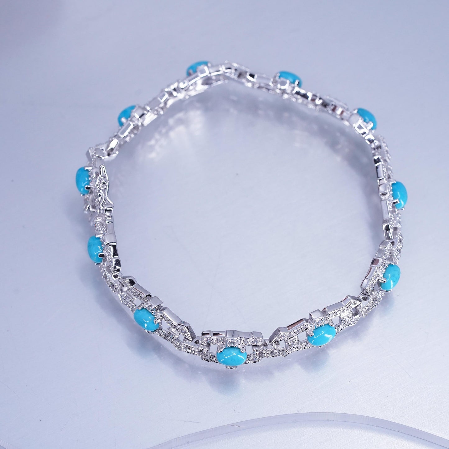 7.5”, Vintage Sterling 925 silver tennis bracelet chain w/ turquoise cluster cz