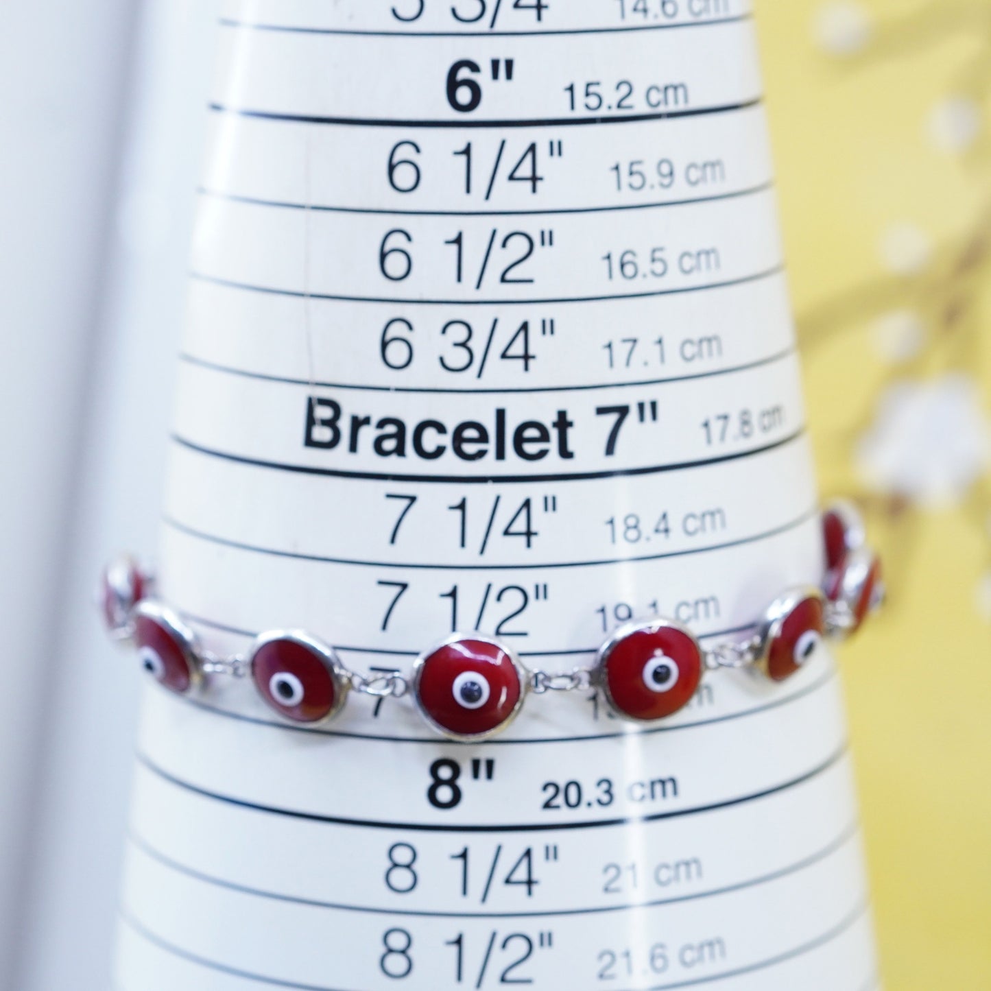 7.75”, vintage sterling 925 silver handmade bracelet red evil eye bracelet