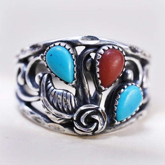 Size 8, VTG Wheeler Jewelry Co. 925 Sterling Silver Turquoise Coral Floral Ring