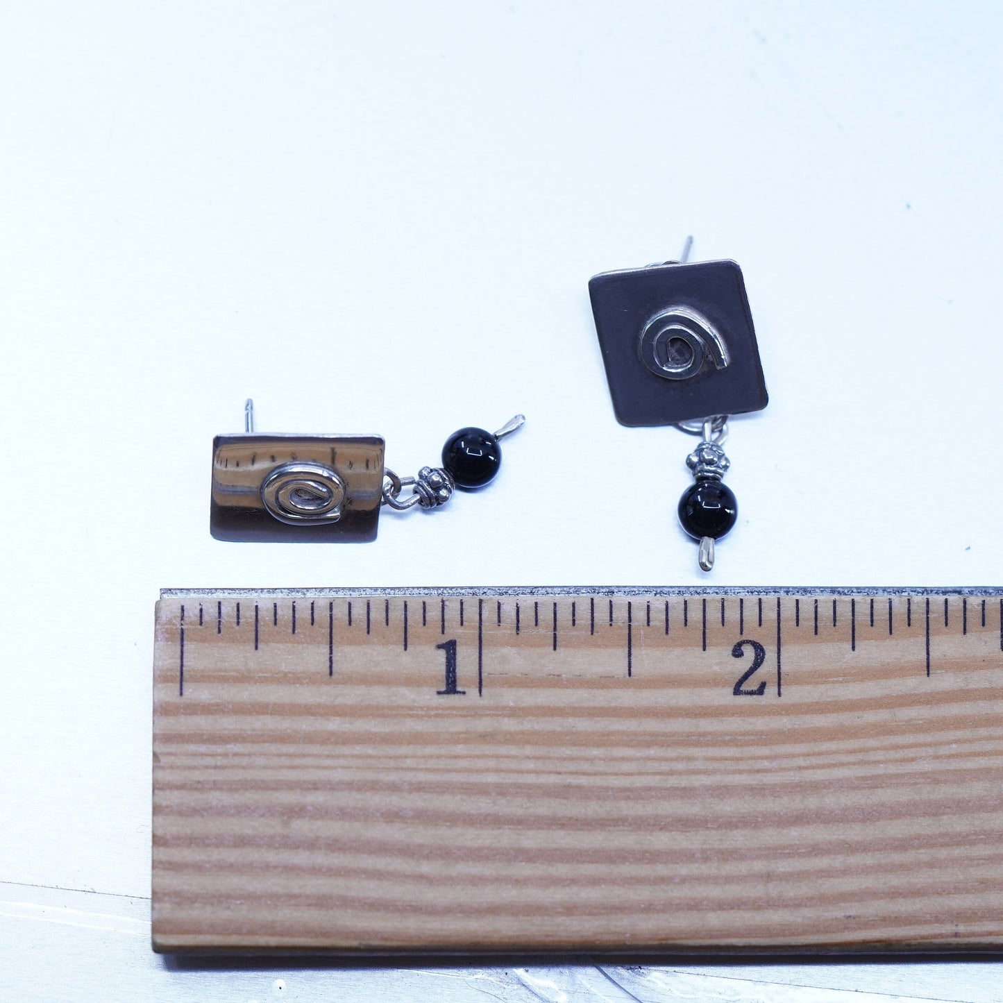 Native American Henry Davis sterling 925 silver square earrings black onyx bead
