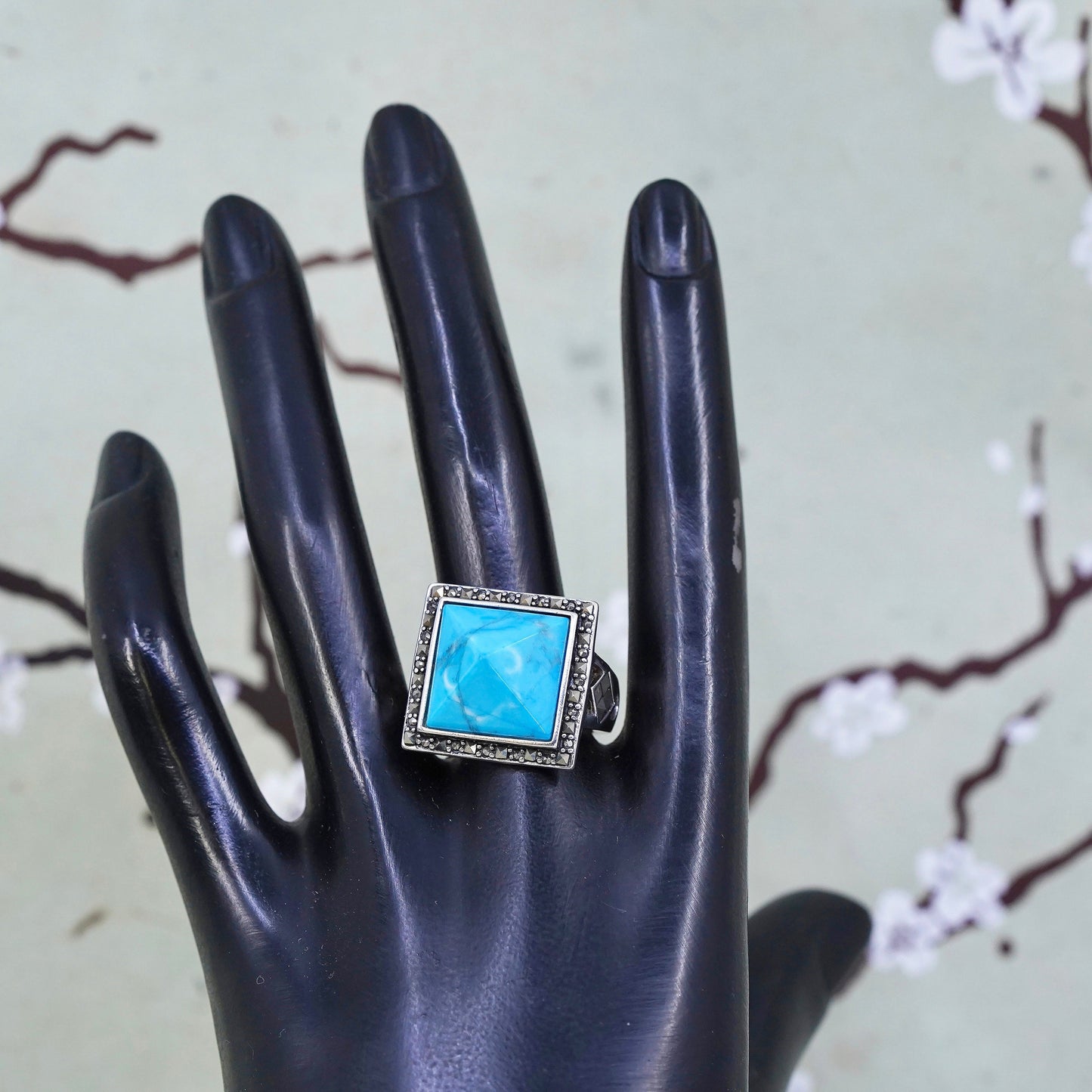 Size 7, sterling silver Native American 925 ring w/ pyramid turquoise marcasite
