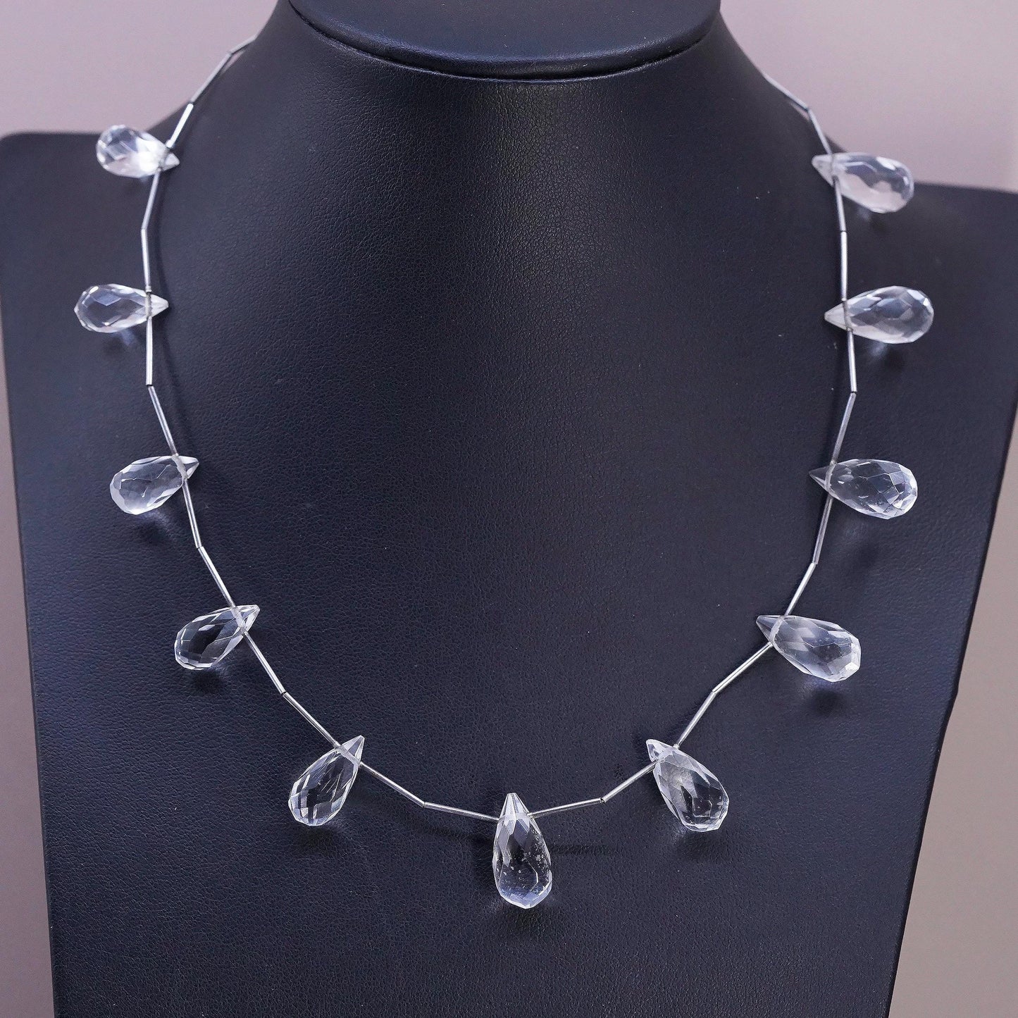 16", VTG Sterling silver necklace, 925 bone bar chain teardrop crystal charms