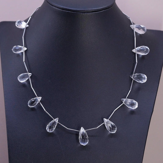 16", VTG Sterling silver necklace, 925 bone bar chain teardrop crystal charms