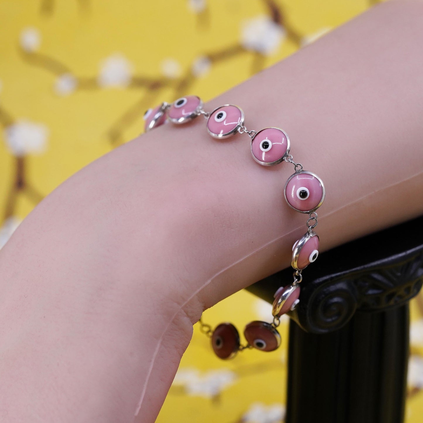 6.75", vintage sterling 925 silver handmade bracelet pink evil eye bracelet
