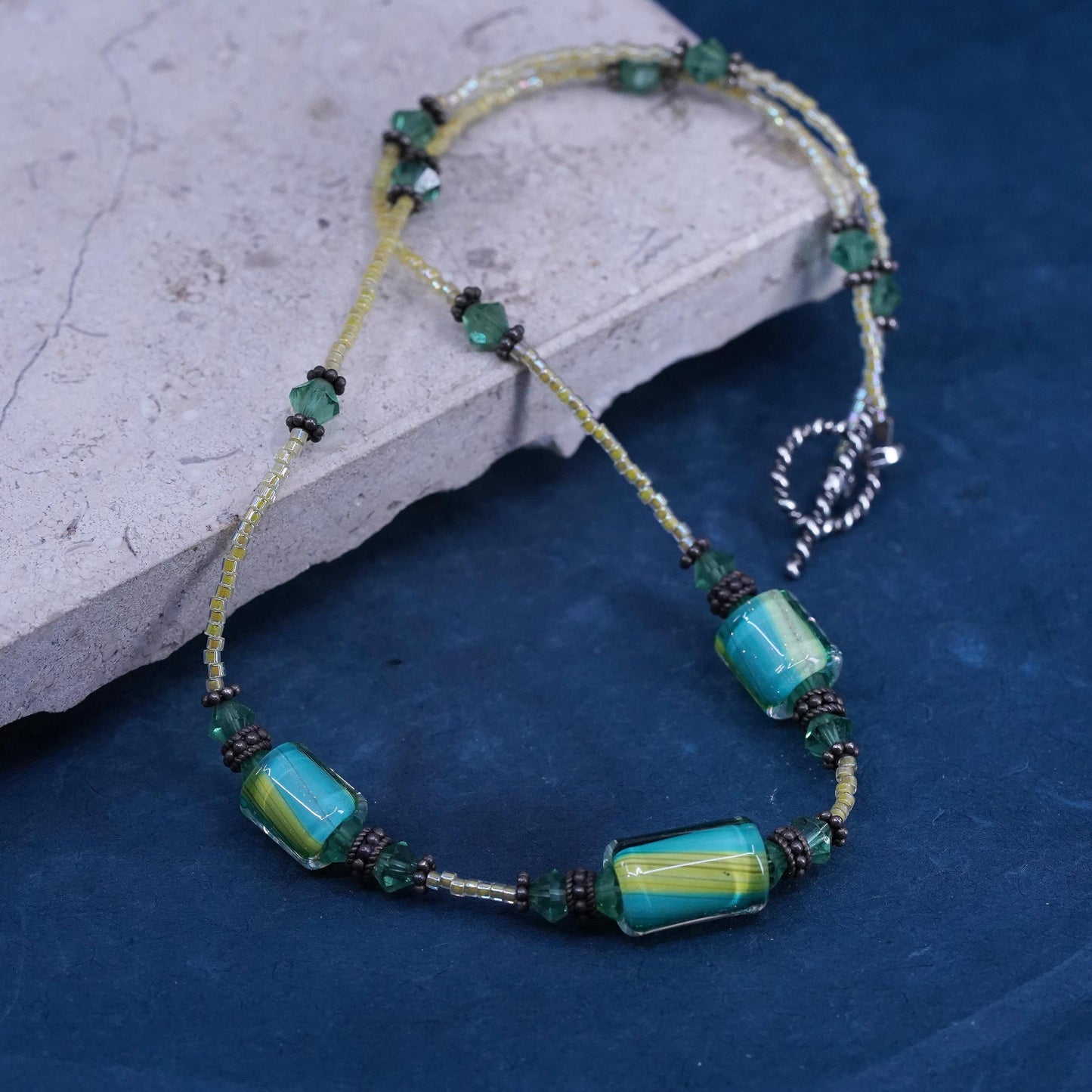 16”, Sterling silver necklace, 925 toggle clasp green flower Murano glass beads