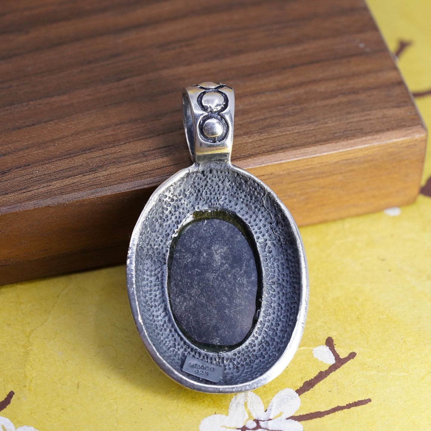 Vintage Mexico 925 Sterling Silver Black Pendant, Oval Cabochon Statement Charm