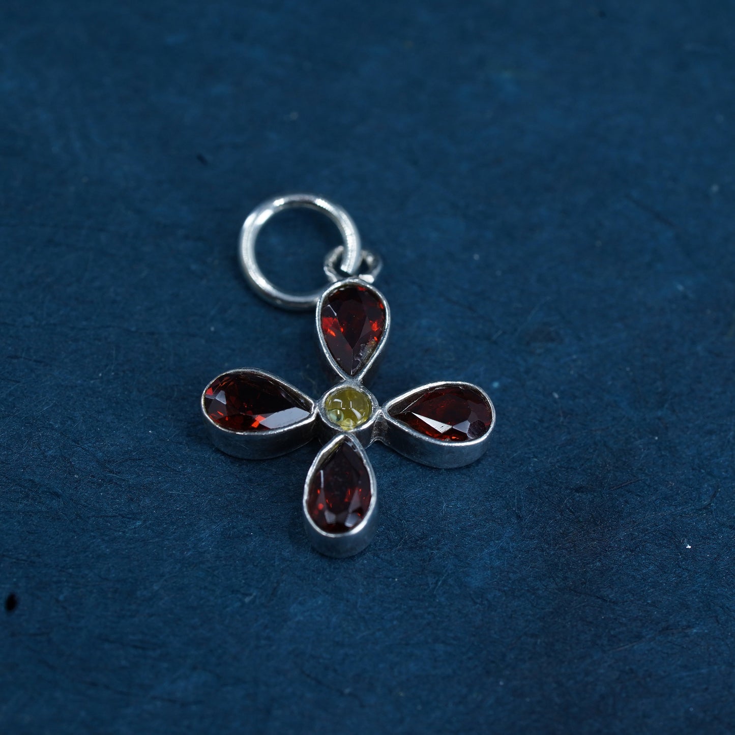 Vintage Sterling silver handmade pendant, 925 flower with ruby and citrine