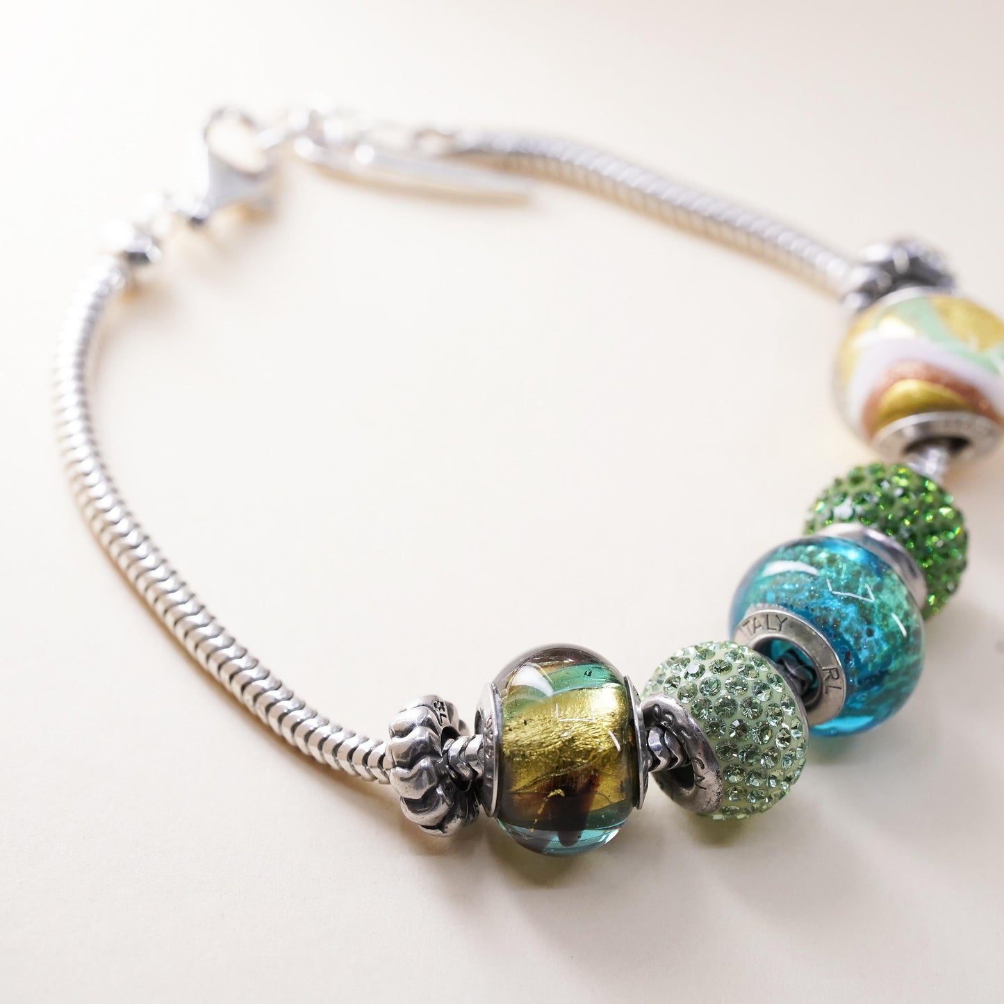 7.5", Ralph Lauren RL Sterling silver bracelet, 925 snake 5 green bead charms