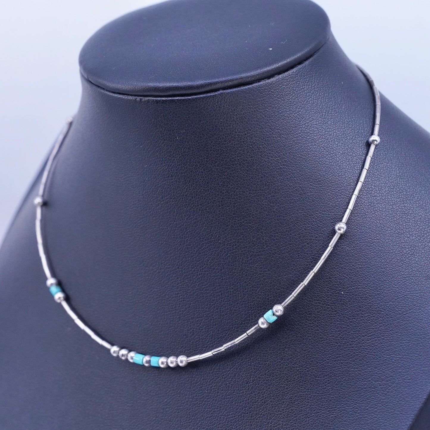 14", Native American Sterling 925 liquid silver necklace with turquoise beads