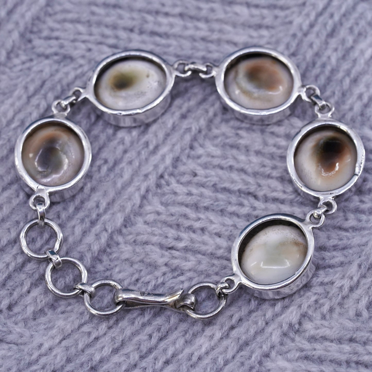 7.5", Sterling Silver Shiva eye | Mexican Jewelry, bracelet fossil shell