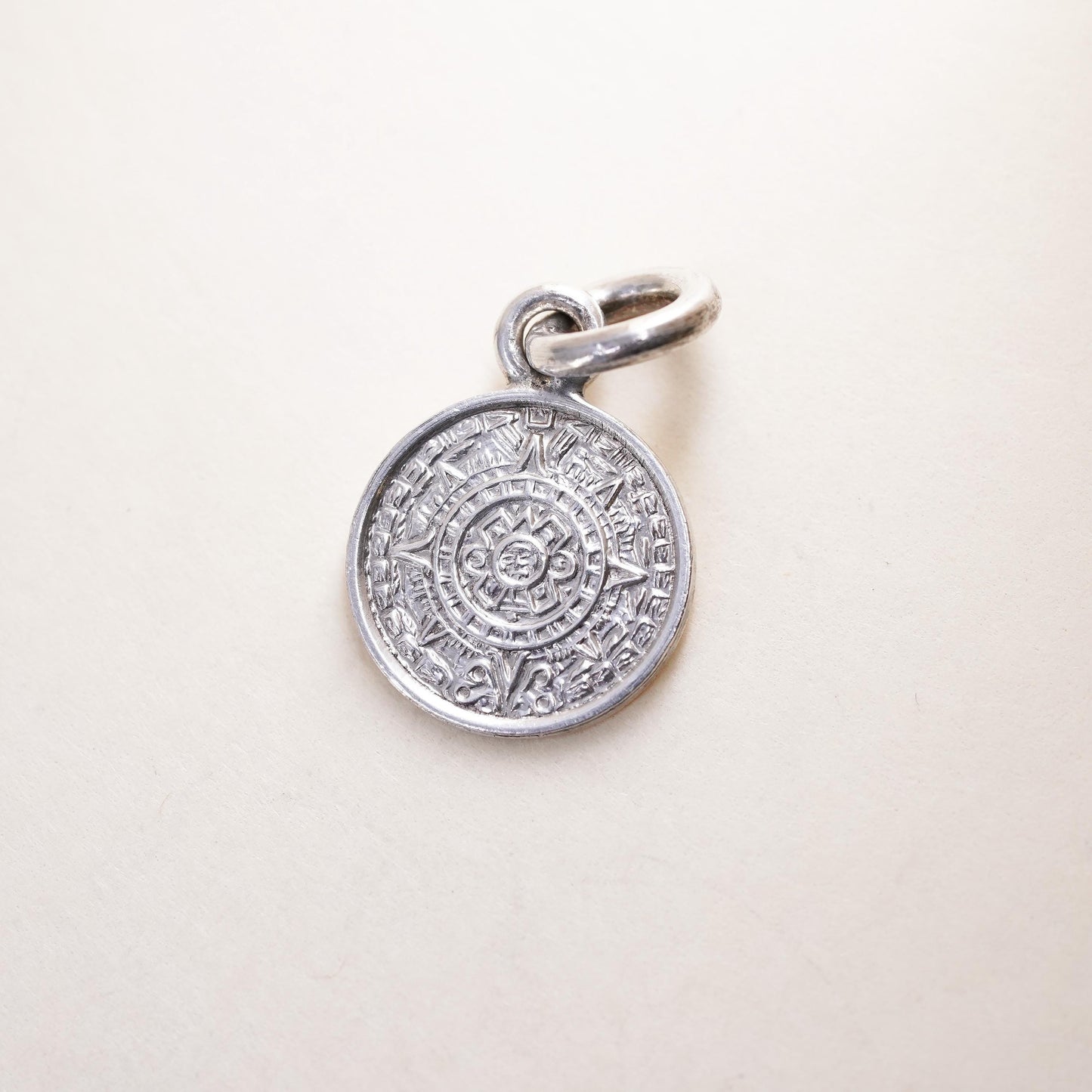 Vintage sterling silver handmade pendant, Mexican 925 Mayan calendar charm