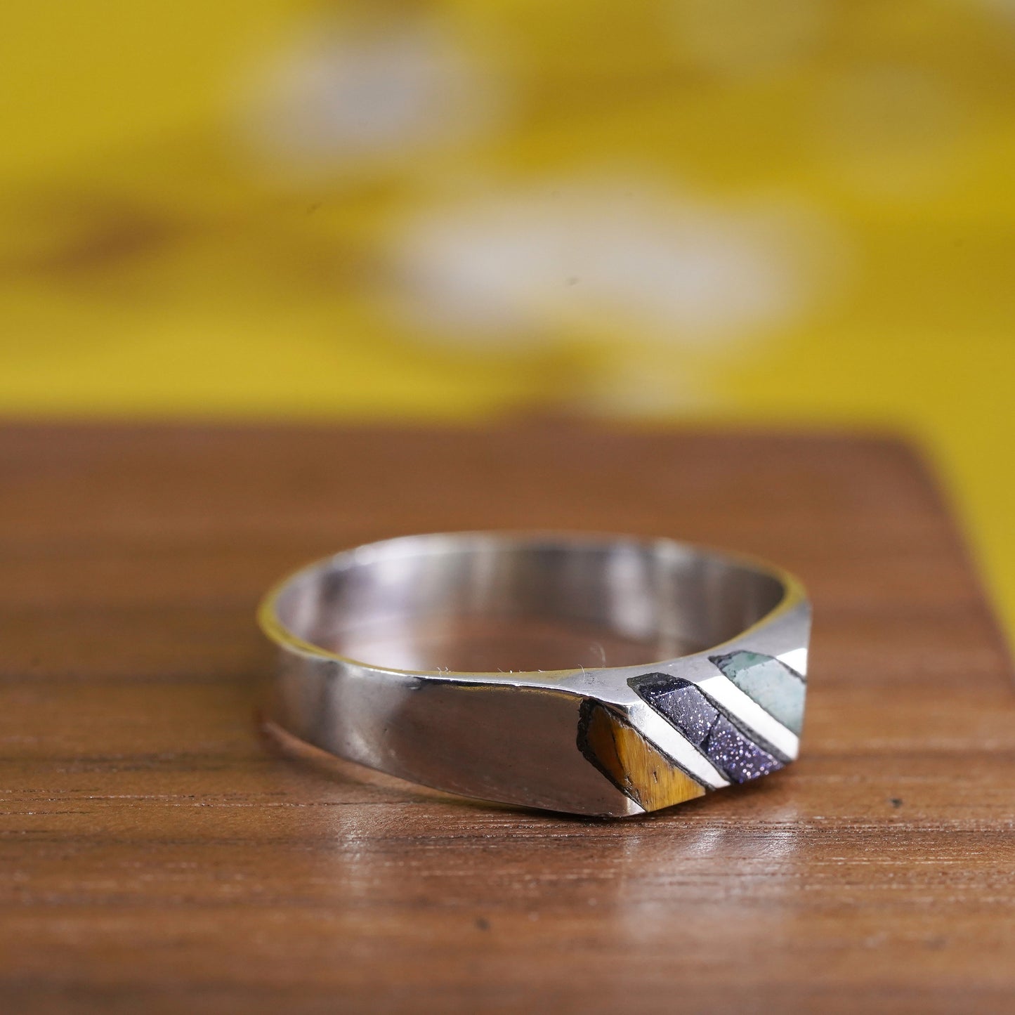 Size 7.25, Sterling silver ring with golden tiger eye inlay, stackable 925 band