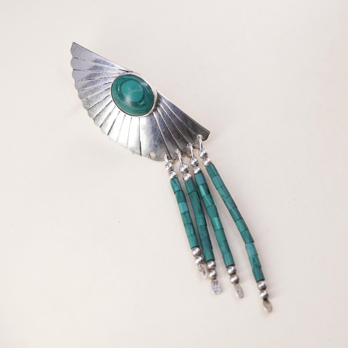 Native American single earring Navajo Sterling 925 silver malachite wing fringe
