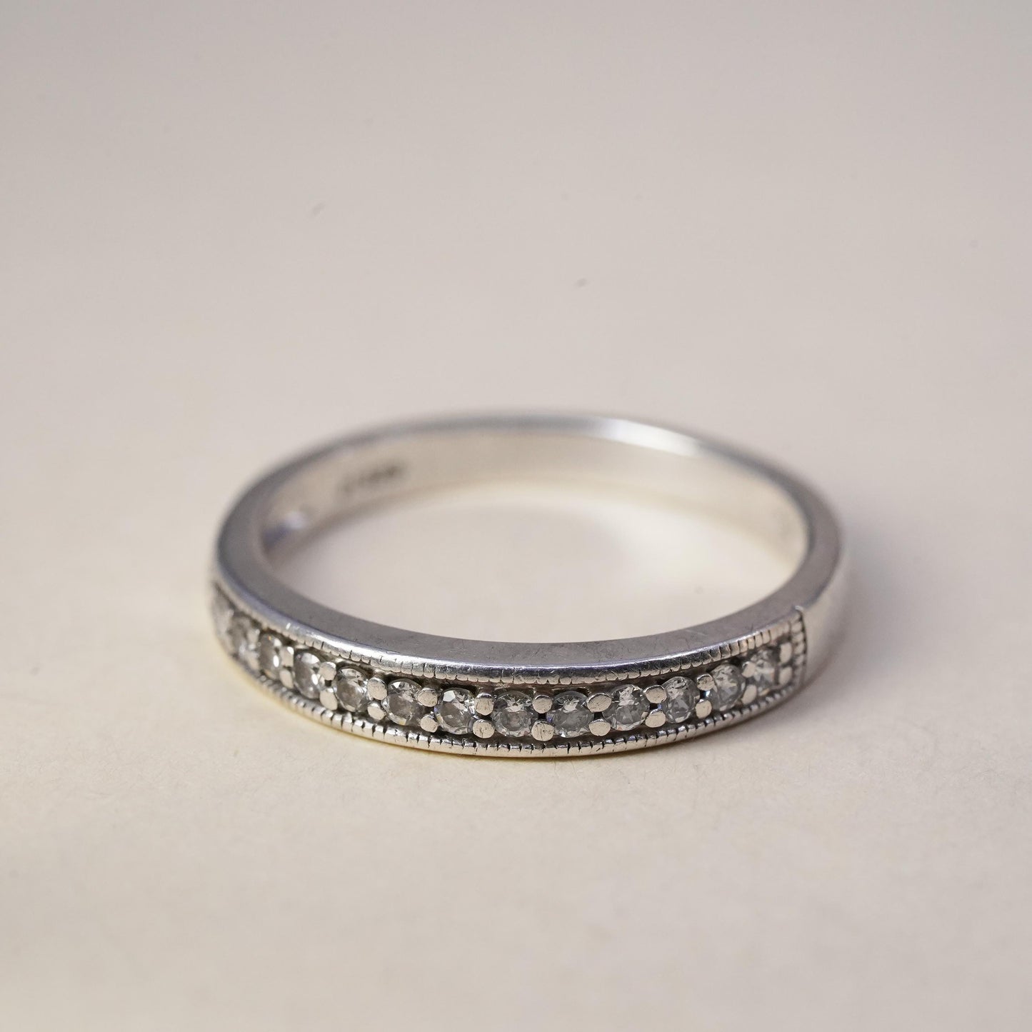 Size 7.25, vintage sterling 925 silver ring cluster CZ, stackable wedding band